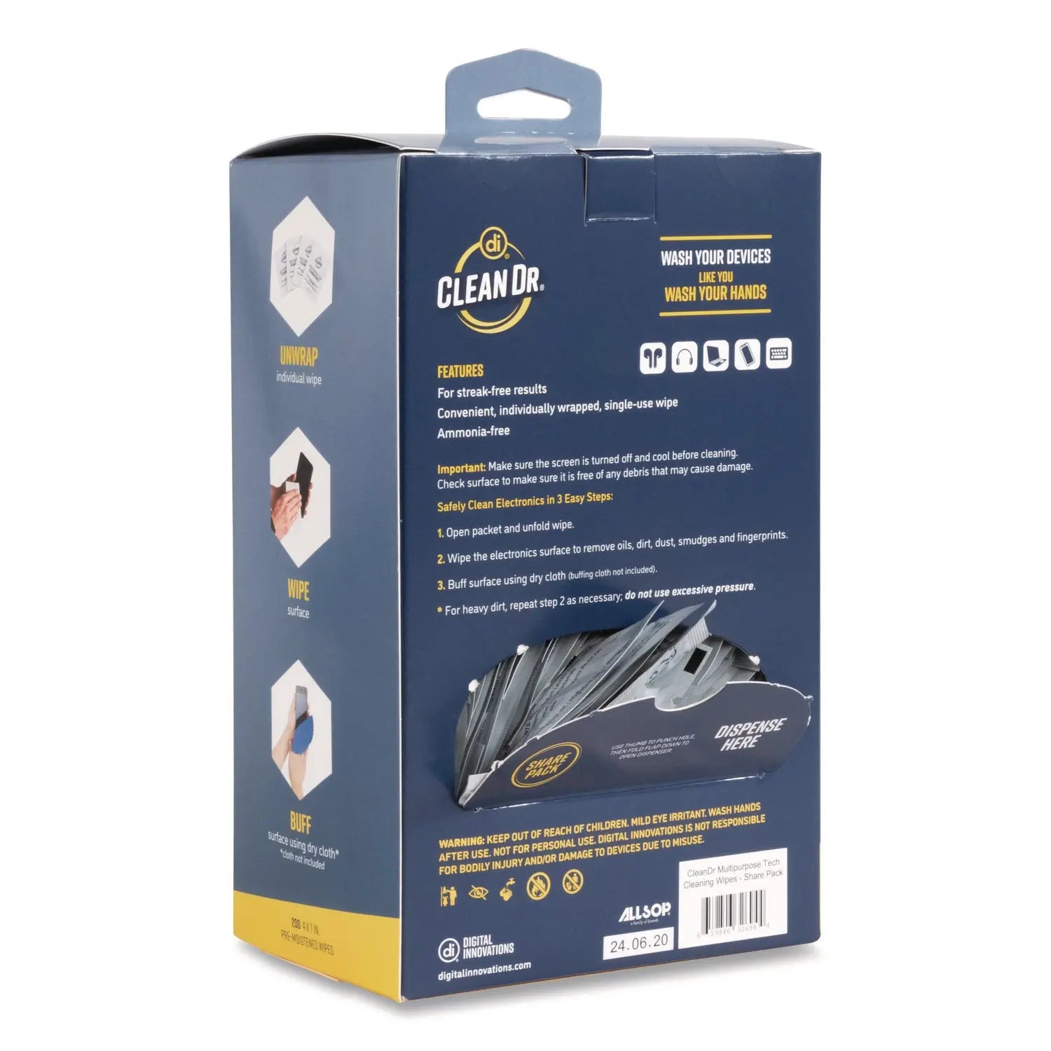 Digital Innovations ScreenDr Multipurpose Tech Cleaning Wipes, 10-Ply, 7 x 4, Unscented, White, 200/Pack Digital Innovations Flipcost