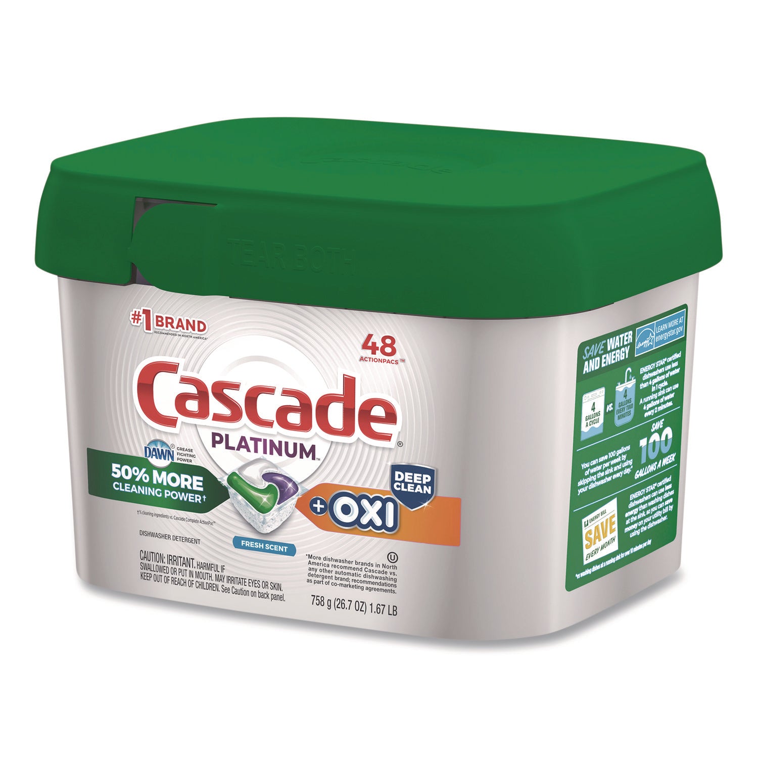Cascade® Action Pacs+Oxi, Fresh Scent, 26.7 oz Tub, 48/Pack