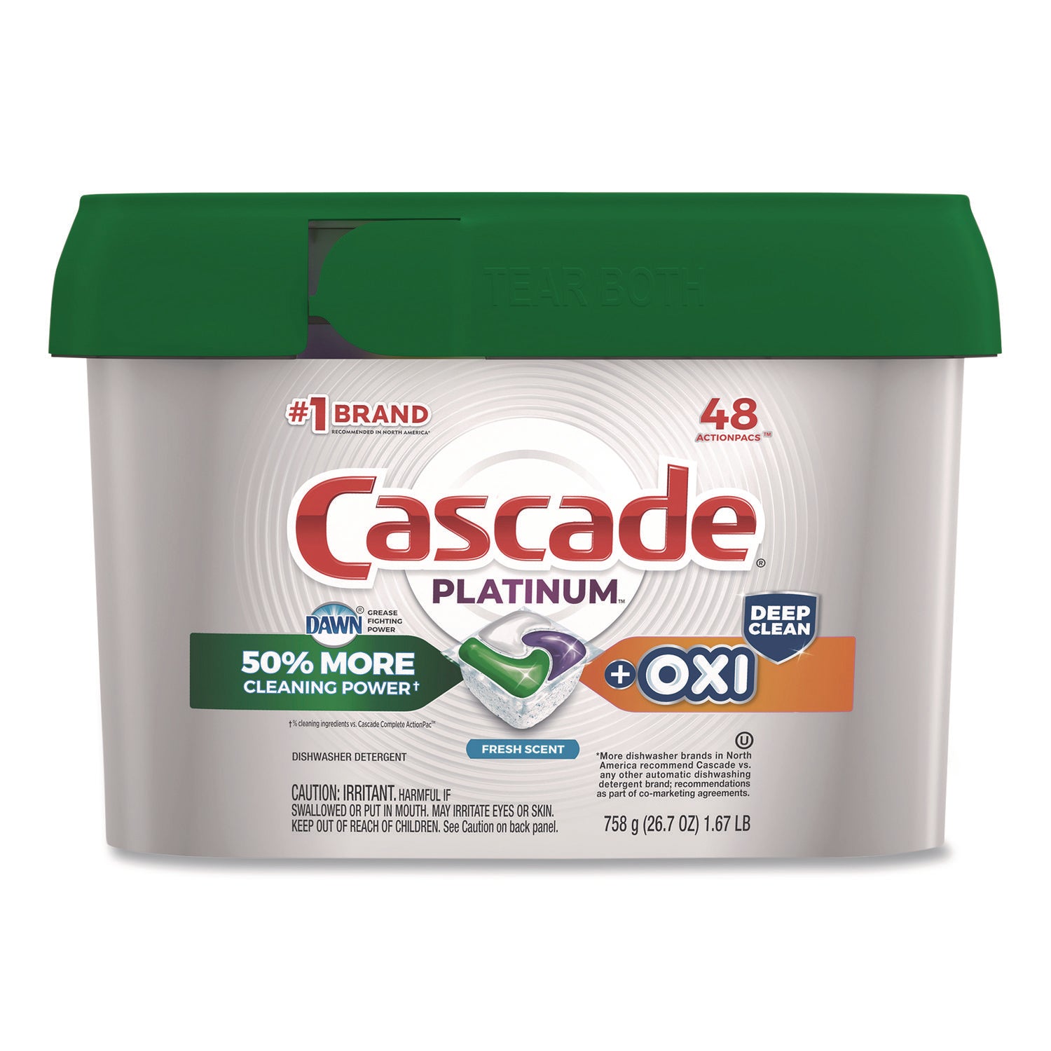 Cascade® Action Pacs+Oxi, Fresh Scent, 26.7 oz Tub, 48/Pack