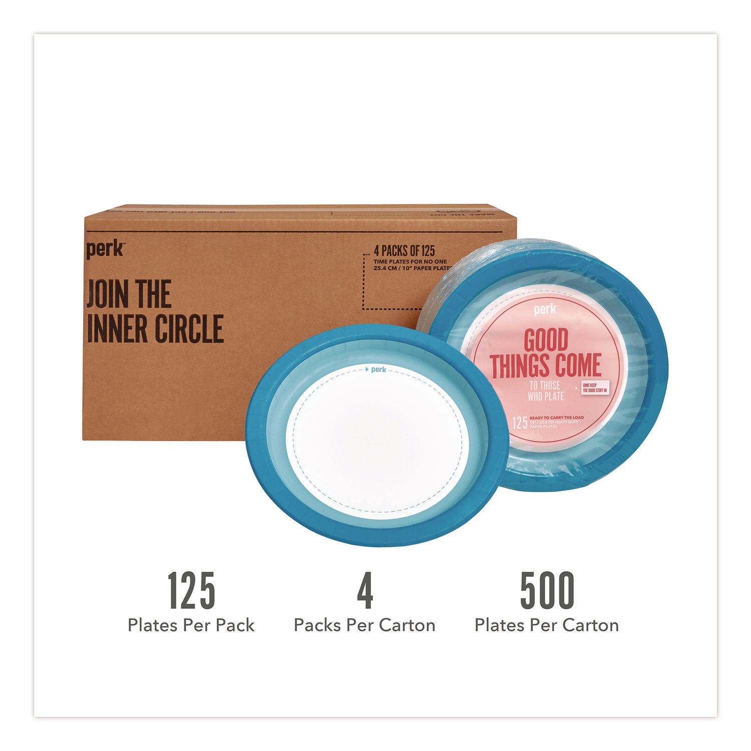 Perk™ Heavy-Weight Paper Plates, 10" dia, White/Blue, 500/Carton