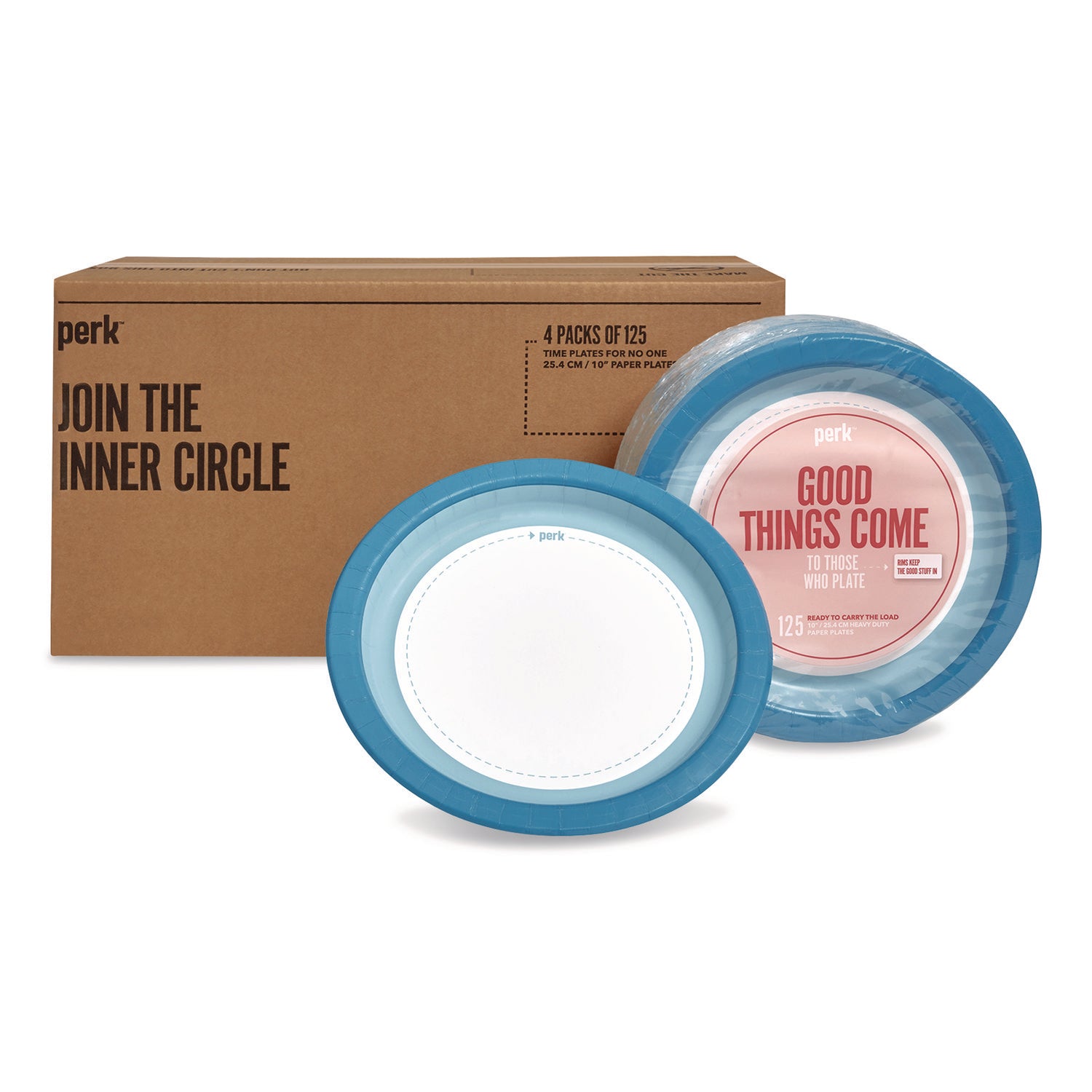 Perk™ Heavy-Weight Paper Plates, 10" dia, White/Blue, 500/Carton