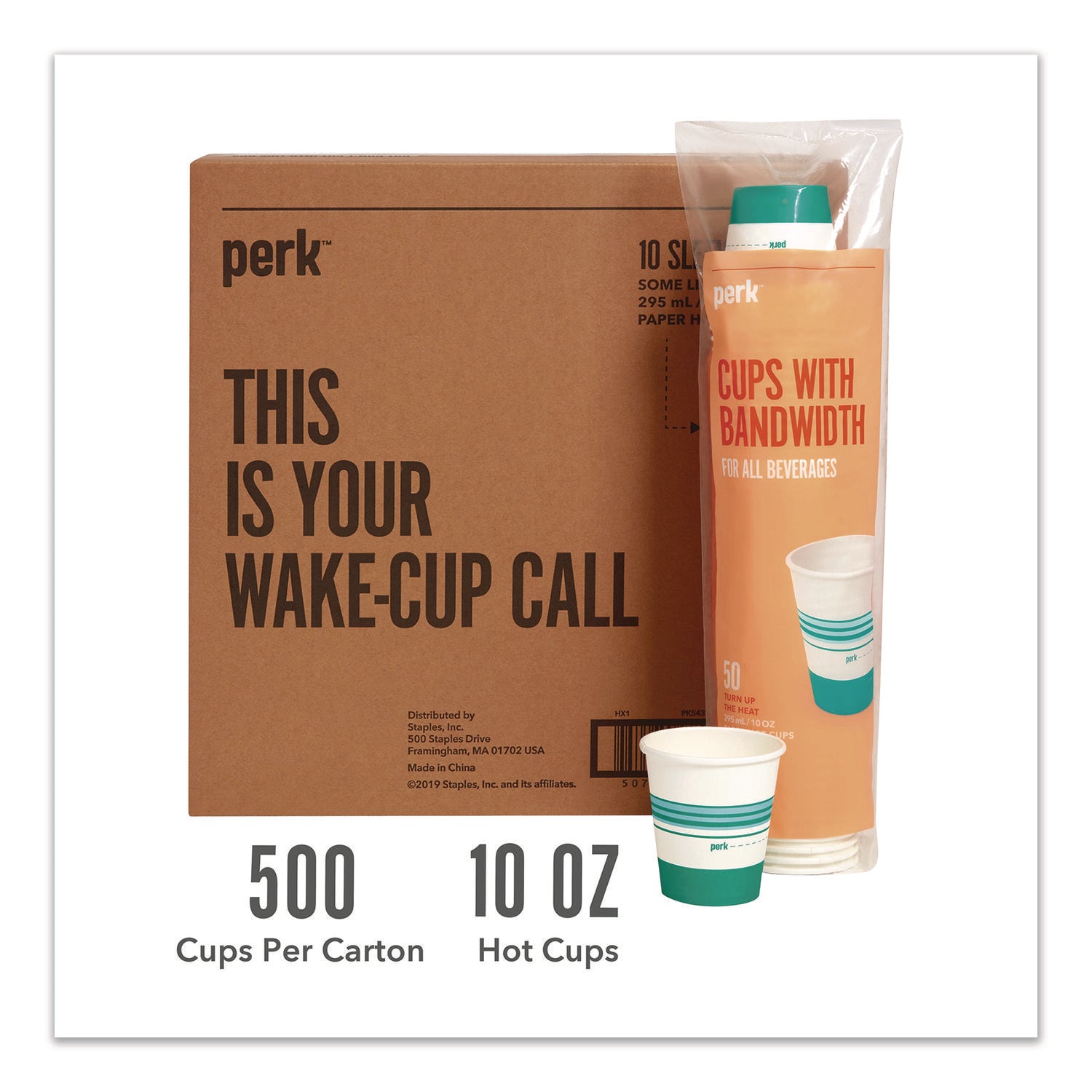 Perk™ Paper Hot Cups, 10 oz, White/Teal, 500/Carton