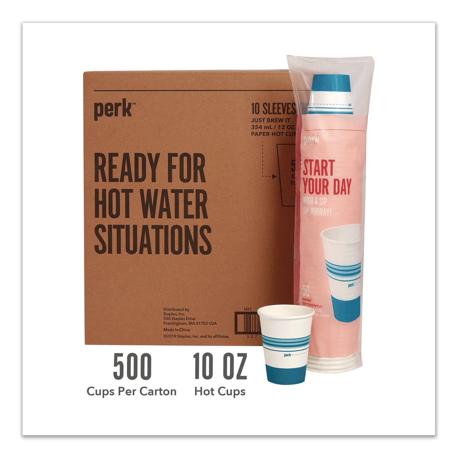 Perk™ Paper Hot Cups, 12 oz, White/Blue, 500/Carton