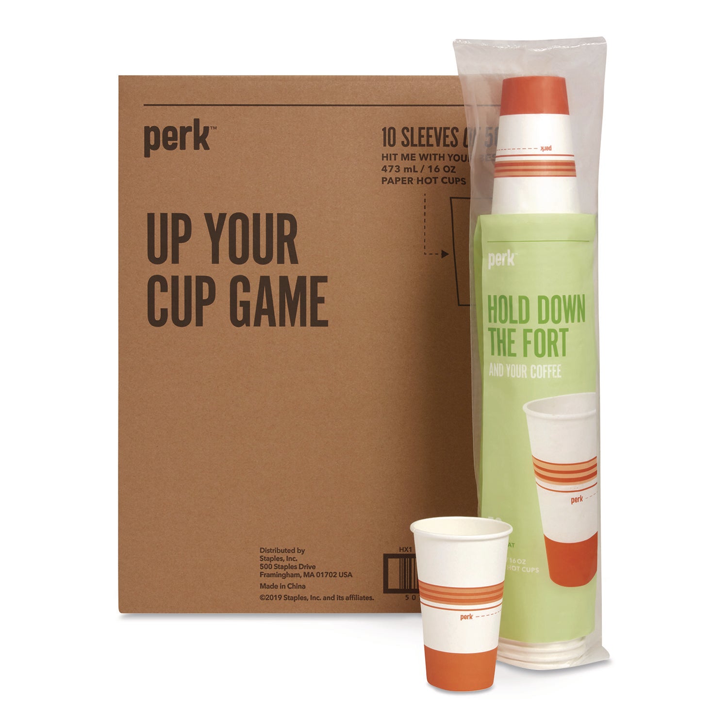 Perk™ Paper Hot Cups, 16 oz, White/Orange, 500/Carton