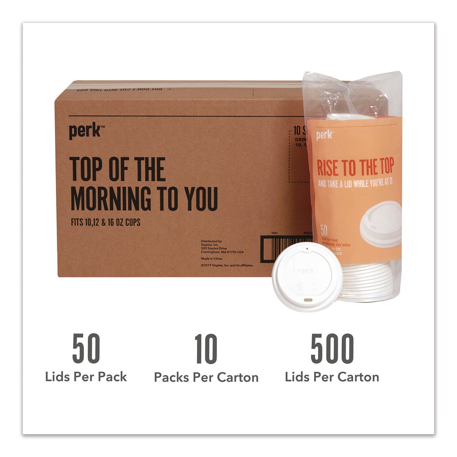 Perk™ Plastic Hot Cup Lids, Fits 10 oz to 16 oz Hot Cups, White, 500/Carton