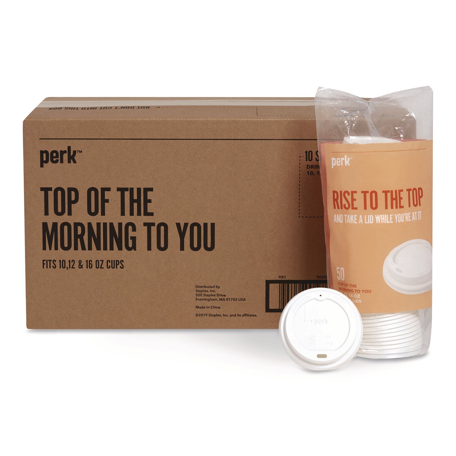Perk™ Plastic Hot Cup Lids, Fits 10 oz to 16 oz Hot Cups, White, 500/Carton