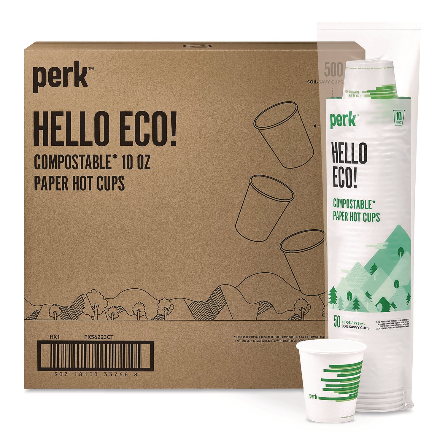 Perk™ Eco-ID Compostable Paper Hot Cups, 10 oz, White/Green, 500/Carton