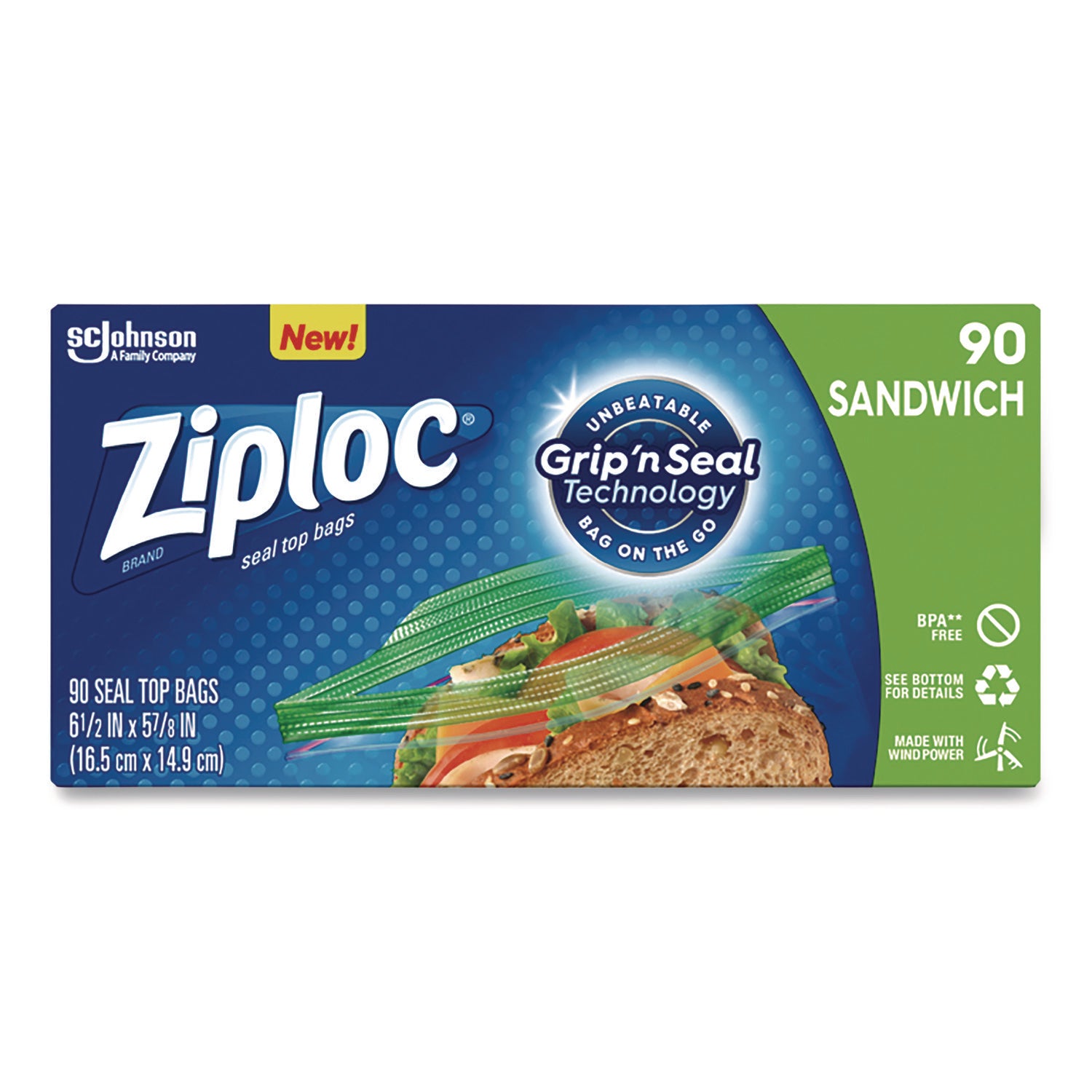 Ziploc® Resealable Sandwich Bags, 6.5" x 5.88", Clear, 90/Pack