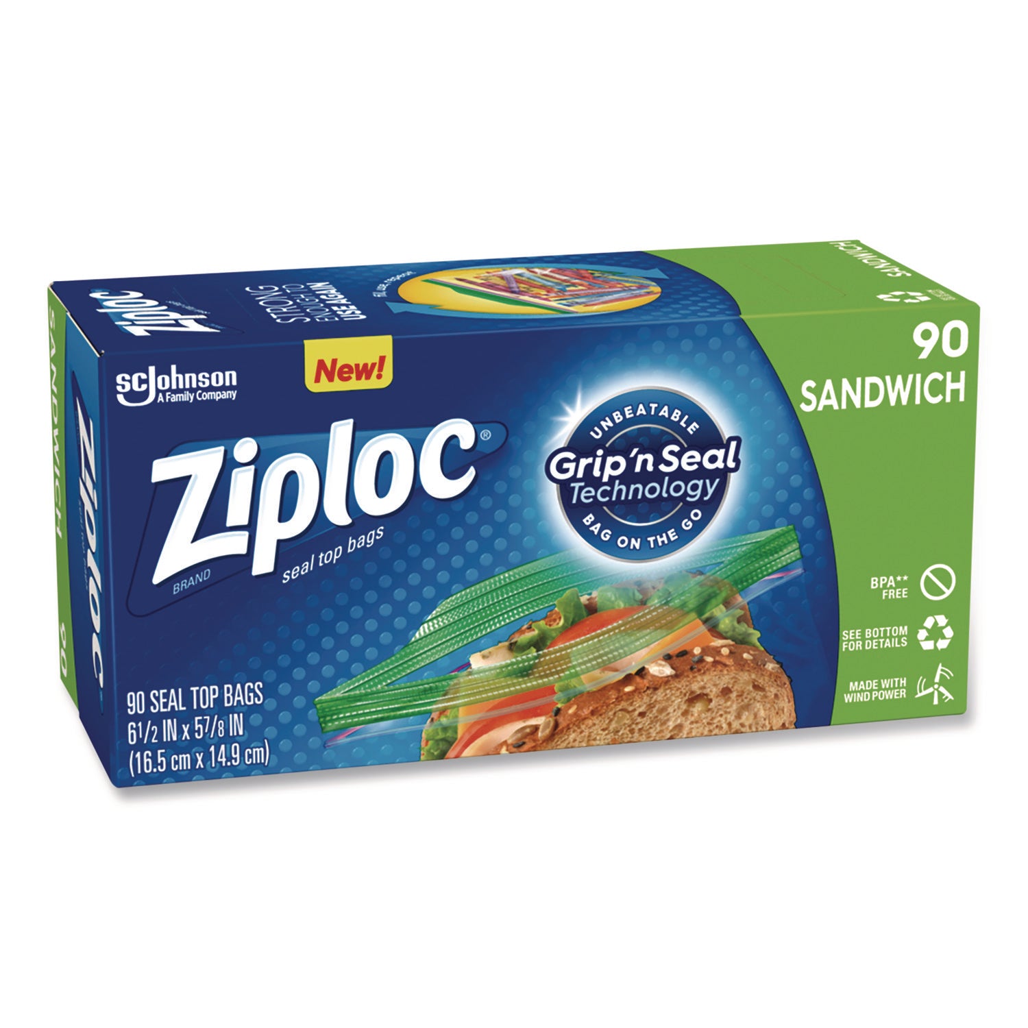 Ziploc® Resealable Sandwich Bags, 6.5" x 5.88", Clear, 90/Pack