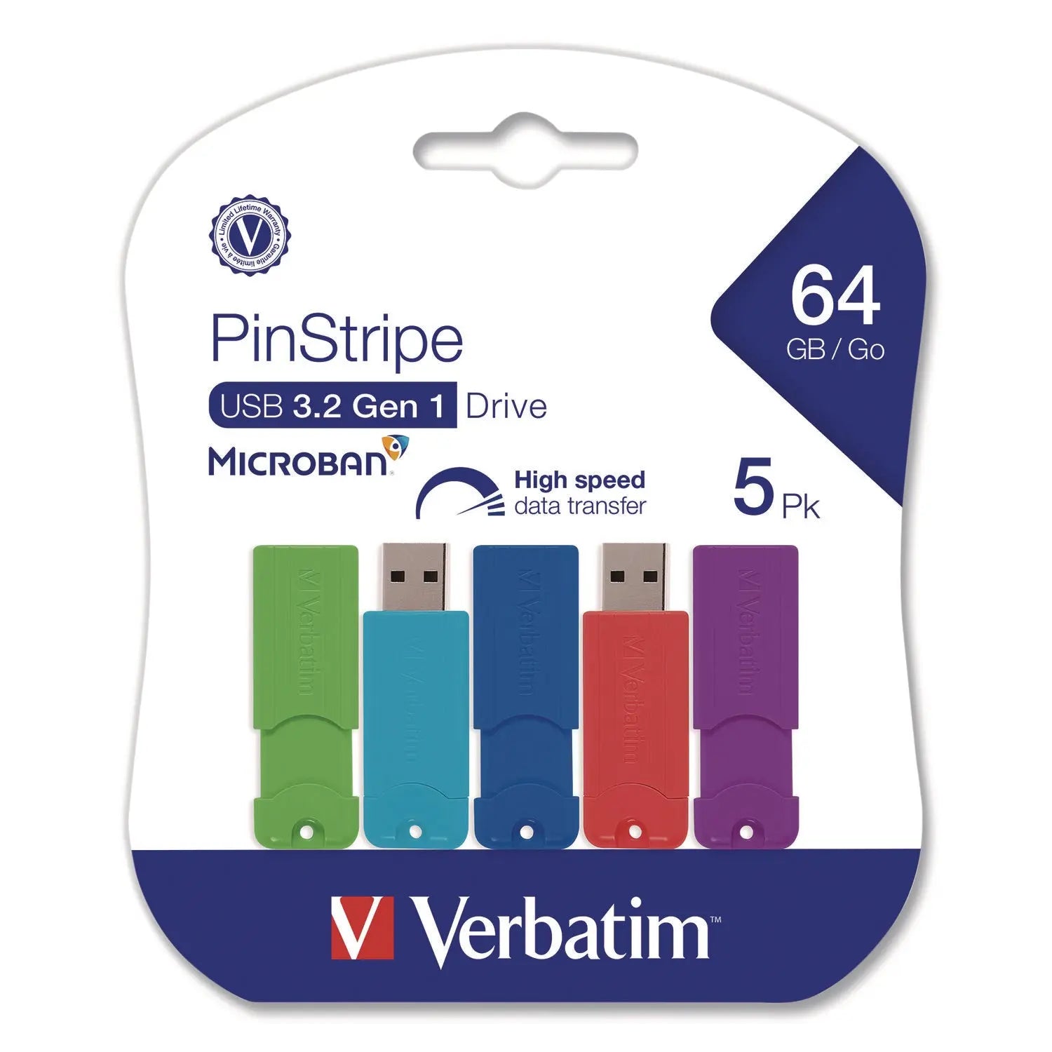 Verbatim® PinStripe USB 3.2 Flash Drive, 64 GB, Assorted Colors, 5/Pack Verbatim® Flipcost