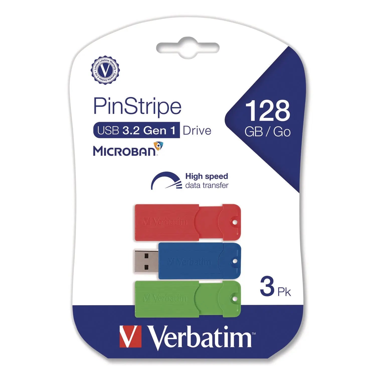 Verbatim® PinStripe USB 3.0 Flash Drive, 128 GB, Blue/Green/Red, 3/Pack Verbatim® Flipcost