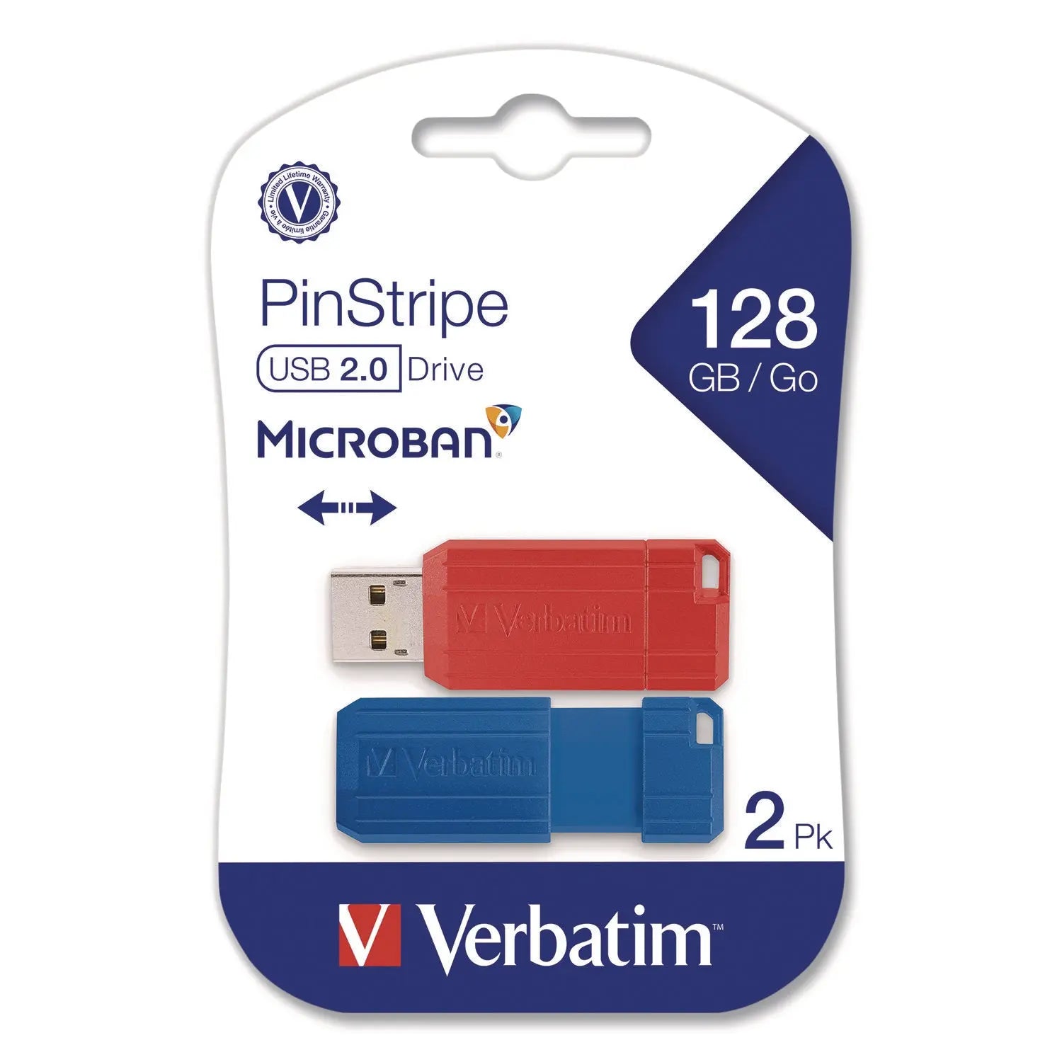 Verbatim® PinStripe USB 2.0 Flash Drive, 128 GB, Blue/Red, 2/Pack Verbatim® Flipcost