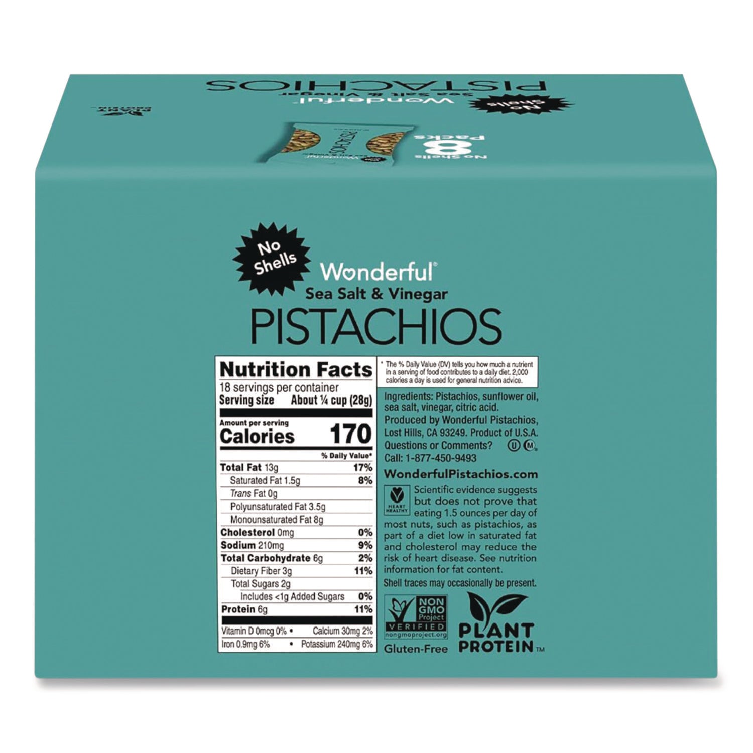 Paramount Farms® Wonderful No Shells Pistachios, Sea Salt and Vinegar, 2.25 oz Bag, 8/Box