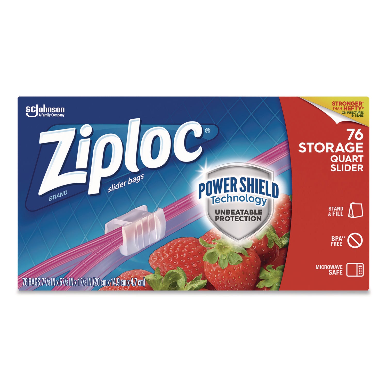 Ziploc® Slider Storage Bags, Quart, 5.88" x 1.88" x 7.88", Clear, 76 Bags