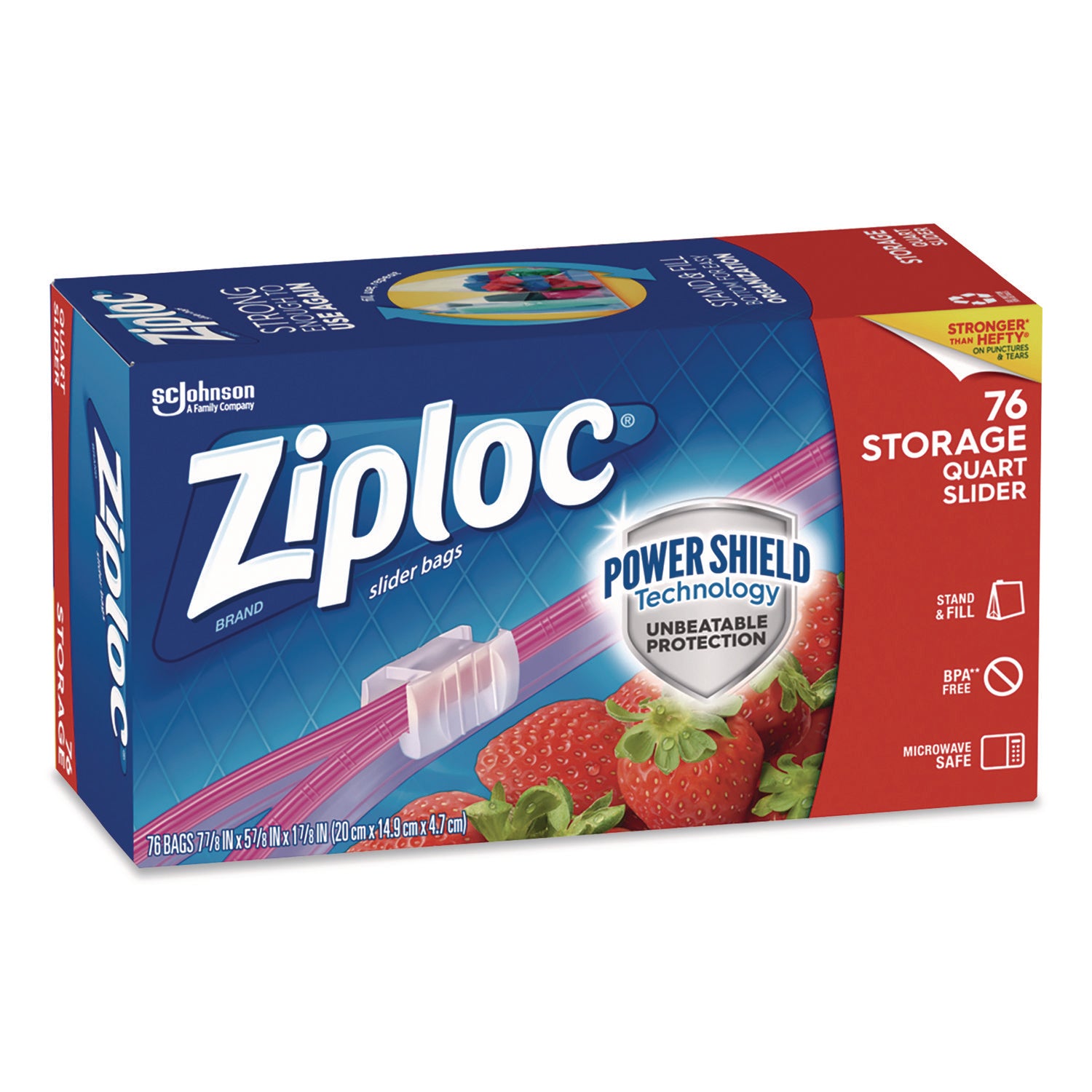 Ziploc® Slider Storage Bags, Quart, 5.88" x 1.88" x 7.88", Clear, 76 Bags