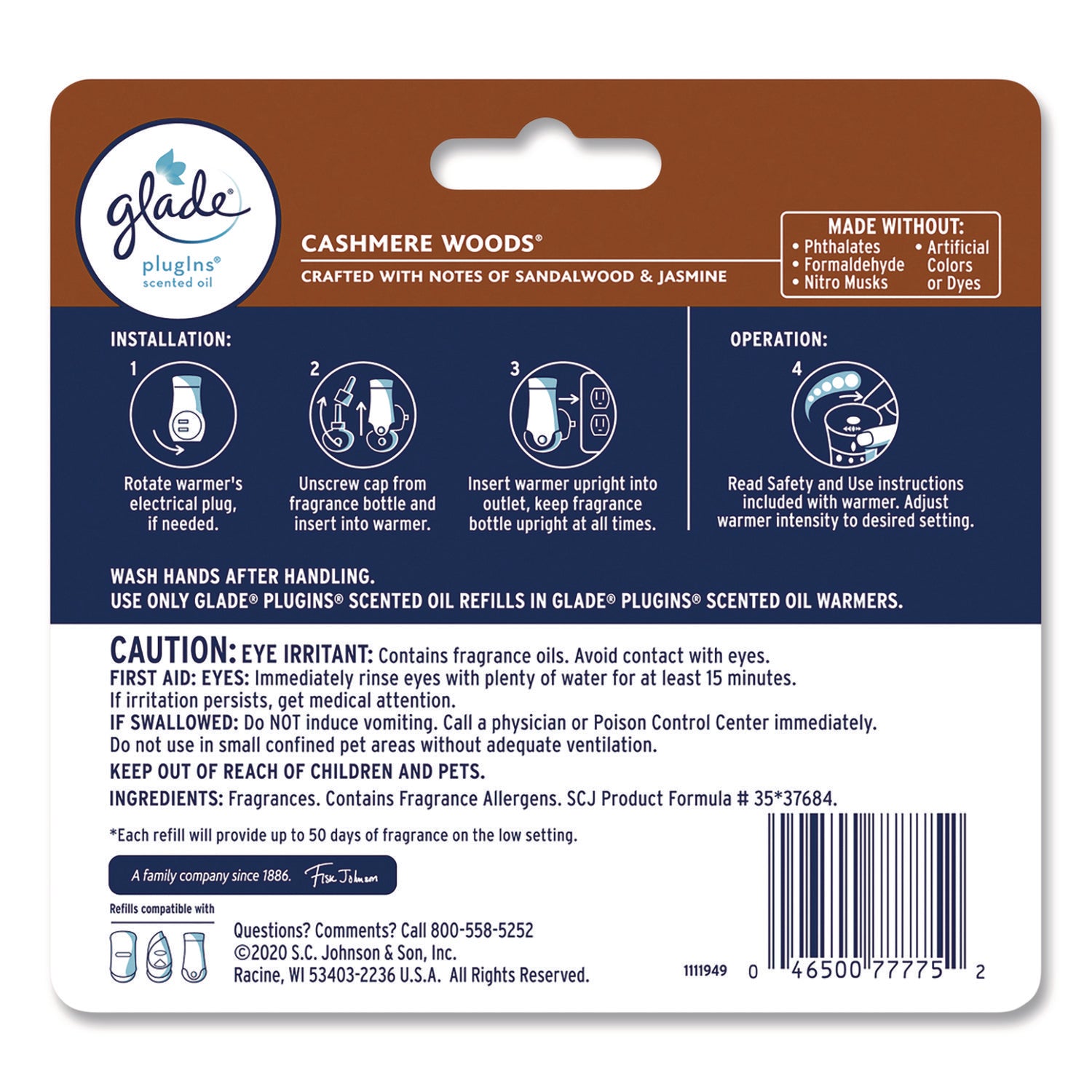 Glade® Plugin Scented Oil Refill, Cashmere Woods, 0.67 oz, 5/Pack