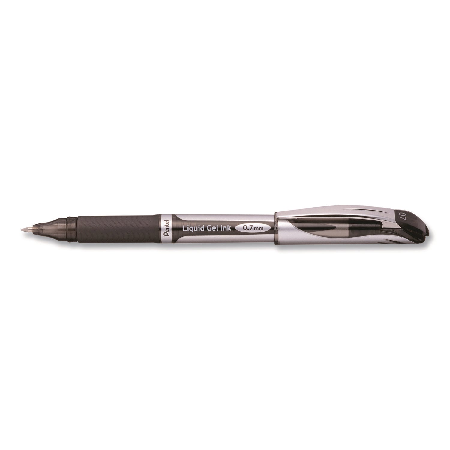Pentel® EnerGel Deluxe Gel Pen, Stick, Medium 0.7 mm, Black Ink, Silver/Black Barrel, Dozen