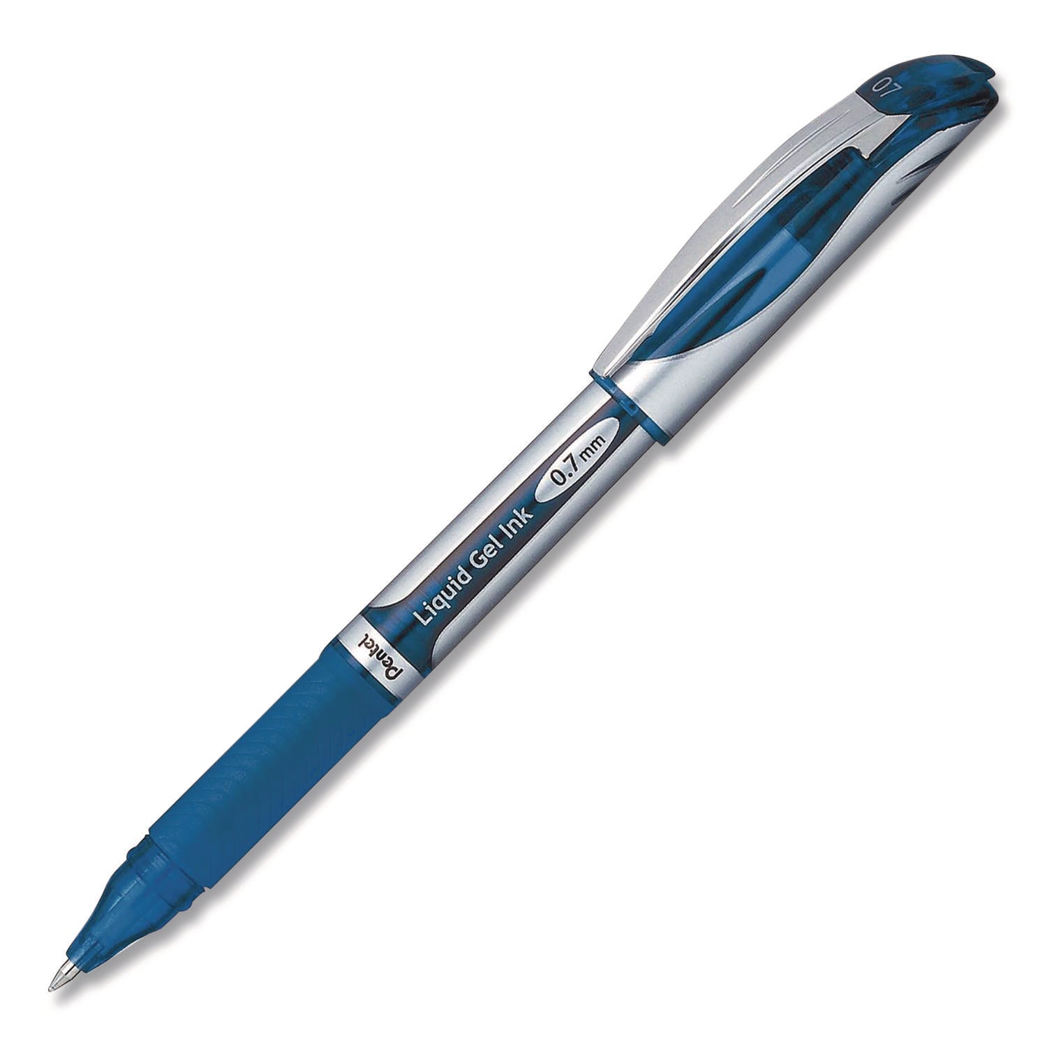 Pentel® EnerGel Deluxe Gel Pen, Stick, Medium 0.7 mm, Blue Ink, Silver/Blue Barrel, Dozen