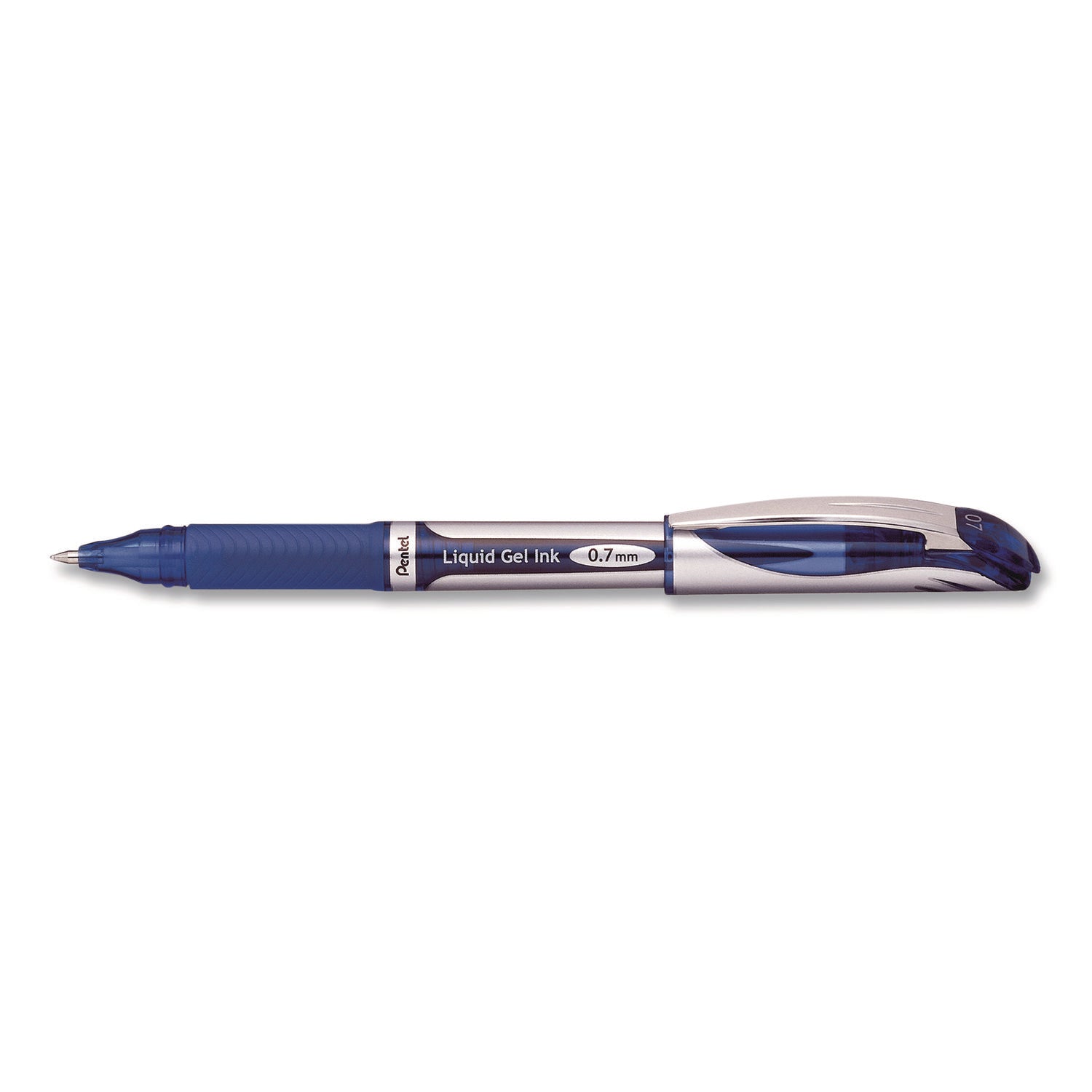 Pentel® EnerGel Deluxe Gel Pen, Stick, Medium 0.7 mm, Blue Ink, Silver/Blue Barrel, Dozen
