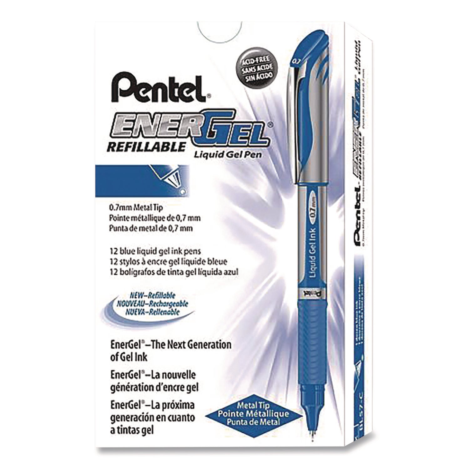 Pentel® EnerGel Deluxe Gel Pen, Stick, Medium 0.7 mm, Blue Ink, Silver/Blue Barrel, Dozen