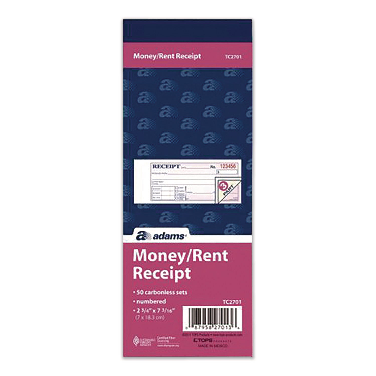 Adams® Multipart Money/Rent Receipt Book, Three-Part Carbonless, 6.69 x 2.75, 50 Receipts/Book, 3 Books/Pack