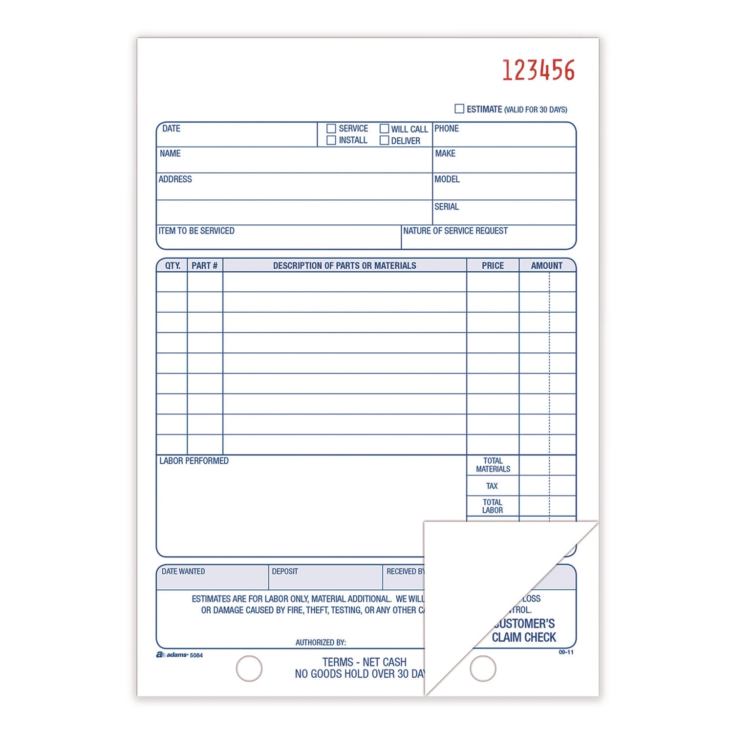 Adams® Multipart Repair Order Pad, Two-Part Carbonless, 5.56 x 7.94, 50 Forms Total