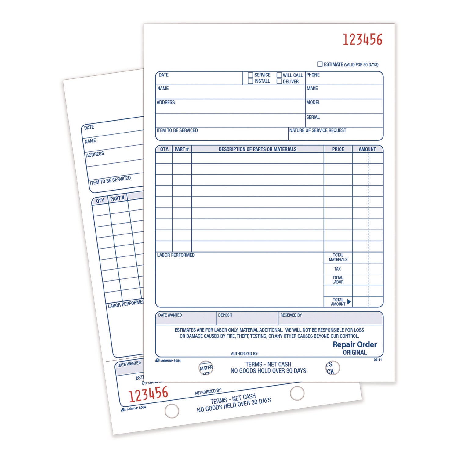 Adams® Multipart Repair Order Pad, Two-Part Carbonless, 5.56 x 7.94, 50 Forms Total