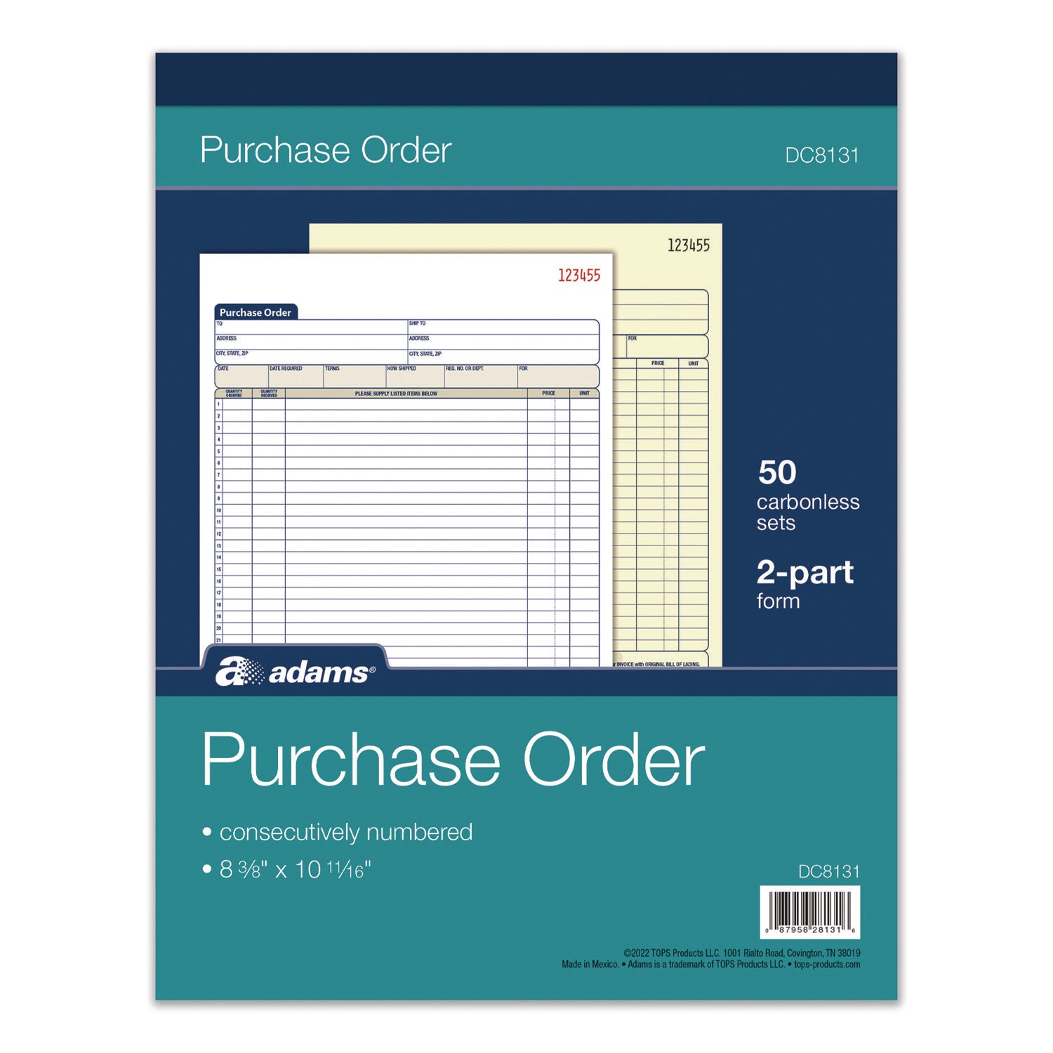 Adams® Multipart Purchase Order Pad, Two-Part Carbonless, 8.38 x 10.19, 50 Forms Total