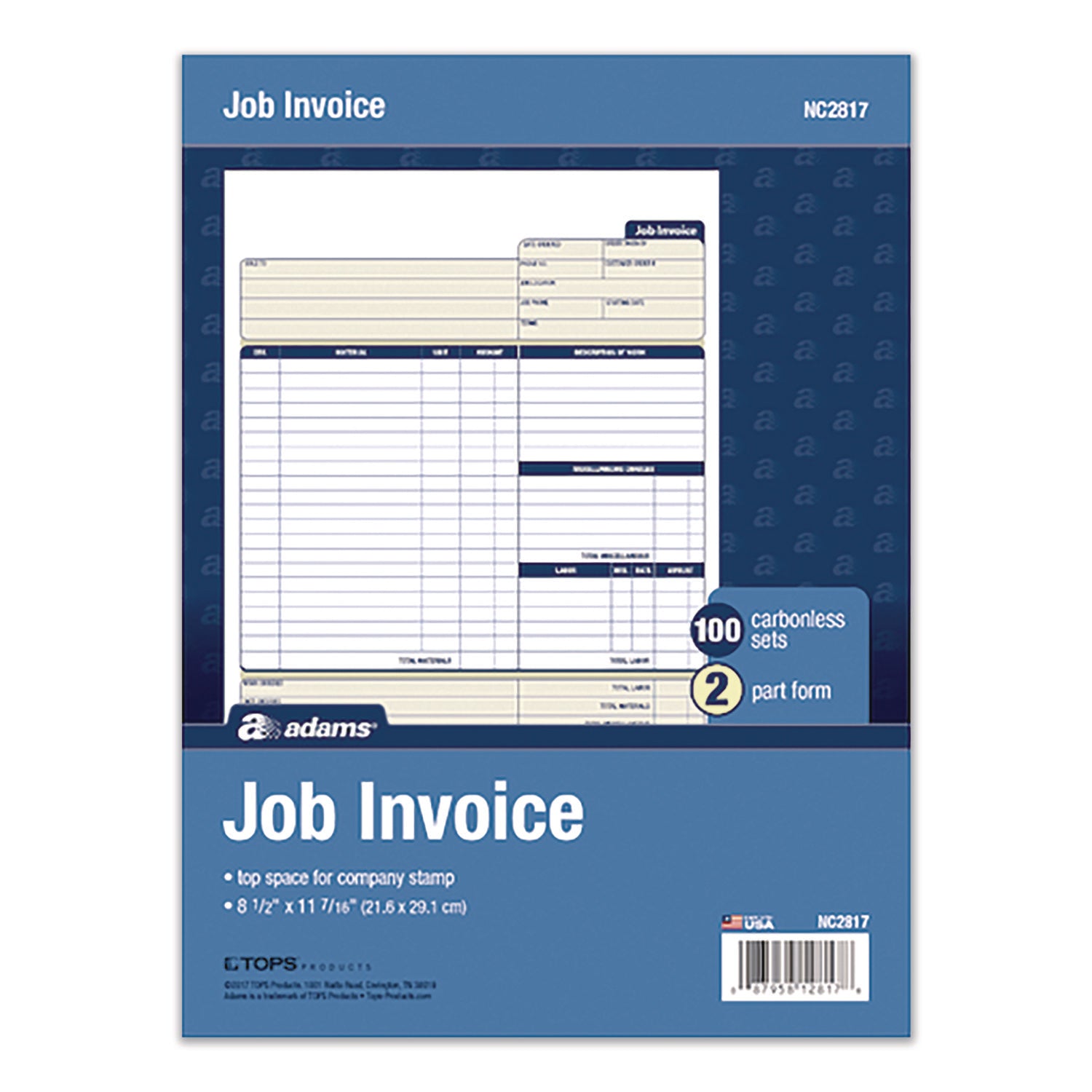Adams® Multipart Job Invoice Forms, Two-Part Carbonless, 8.5 x 10.94, 100 Forms Total
