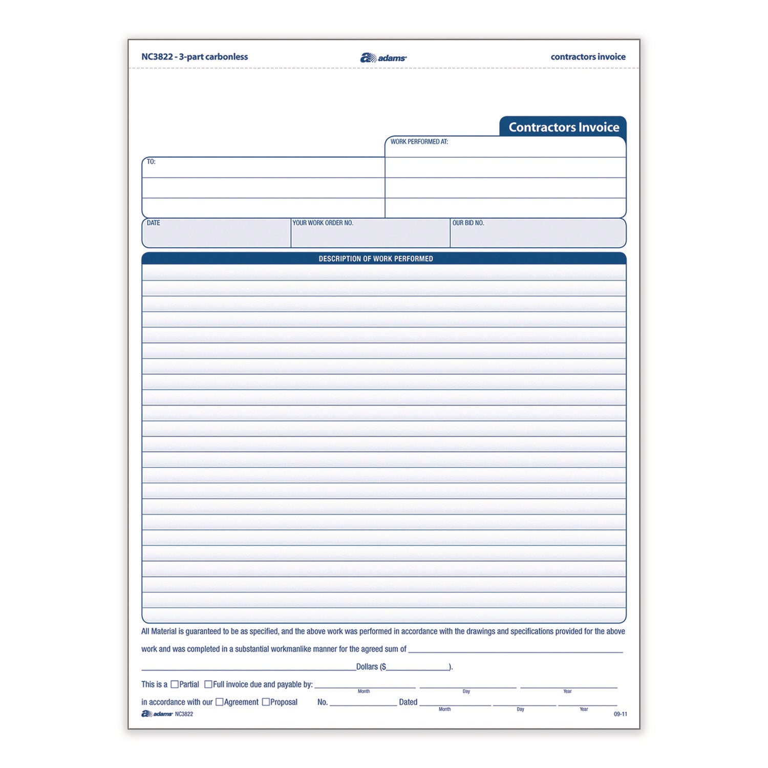 Adams® Multipart Contractor Invoice Forms, Three-Part Carbonless, 8.5 x 10.94, 100 Forms Total