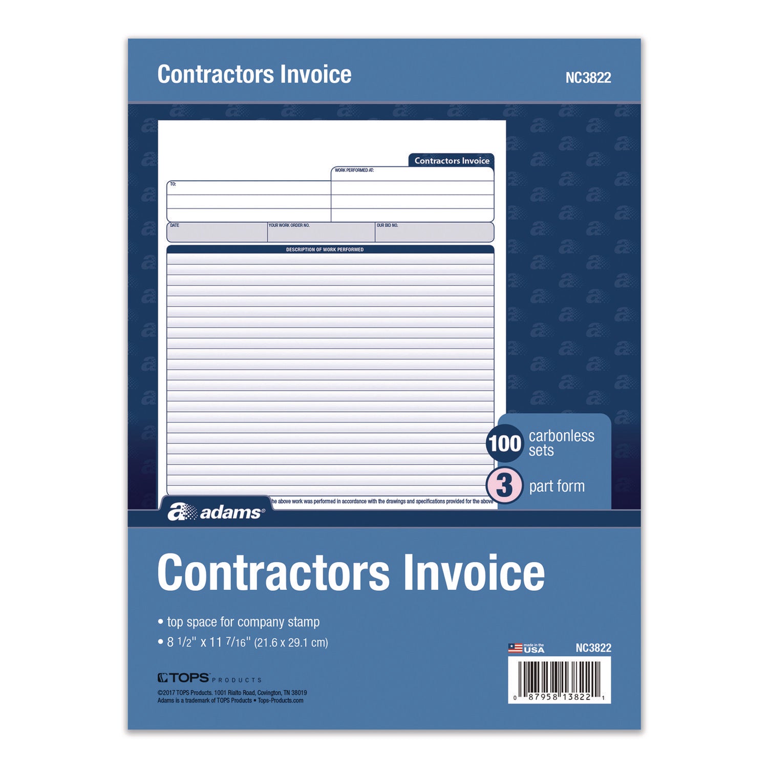 Adams® Multipart Contractor Invoice Forms, Three-Part Carbonless, 8.5 x 10.94, 100 Forms Total