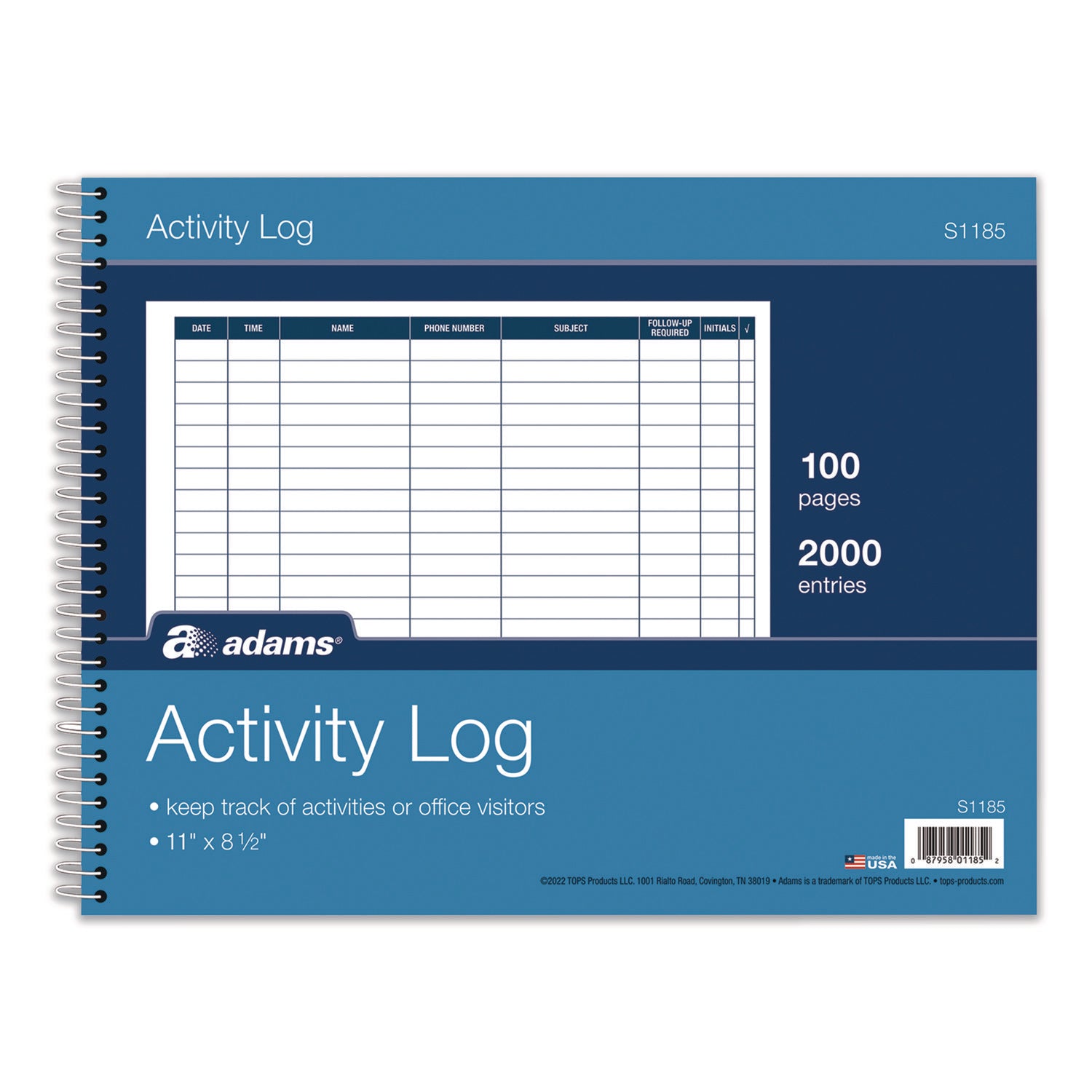 Adams® Activity Logbook, 8 Columns, Blue/White Cover, 11 x 8.5 Sheets, 50 Sheets/Book