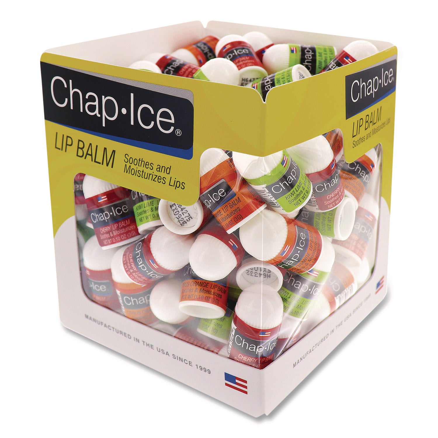 Chap Ice® Lip Balm, Cherry/Kiwi/Orange Flavors, 1" Tube, 100/Box
