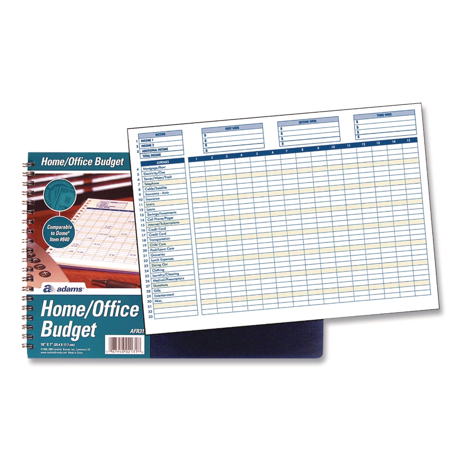 Adams® Home/Office Weekly/Monthly Budget Book, Two-Page Spread: 15 Columns, Royal Blue Cover, 7 x 10 Sheets, 32 Sheets/Book