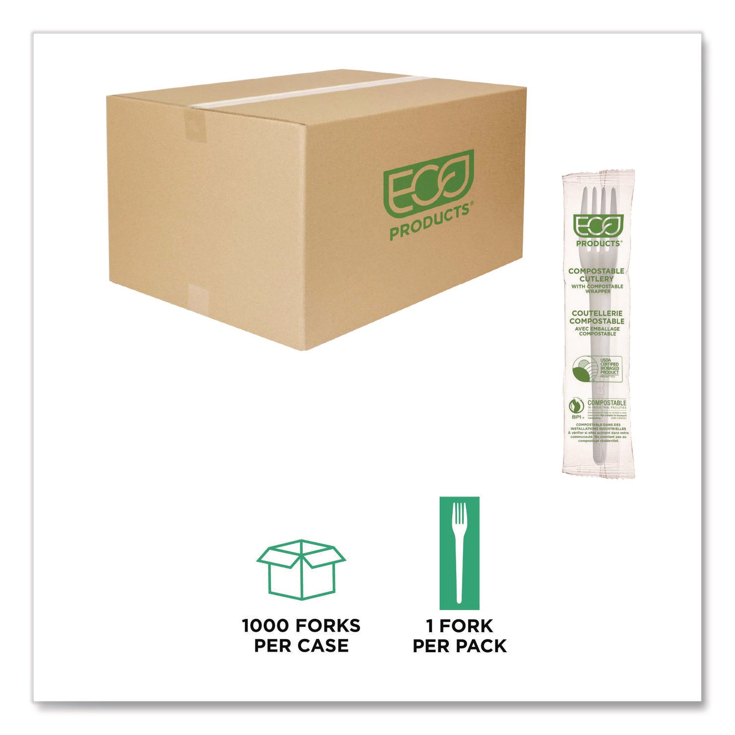 Eco-Products® Plantware CPLA Cutlery, Individually Wrapped, Fork, White, 1,000/Carton