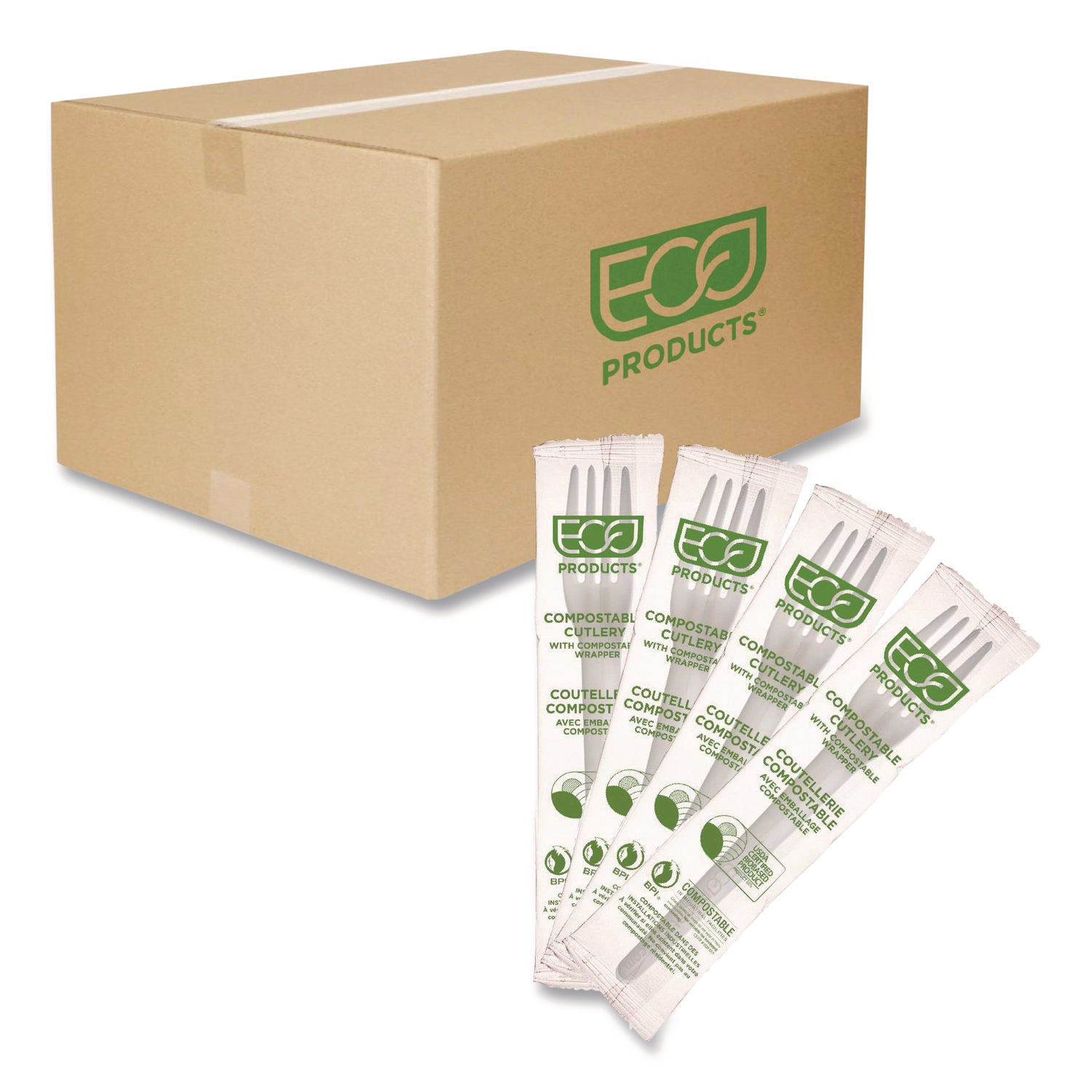 Eco-Products® Plantware CPLA Cutlery, Individually Wrapped, Fork, White, 1,000/Carton