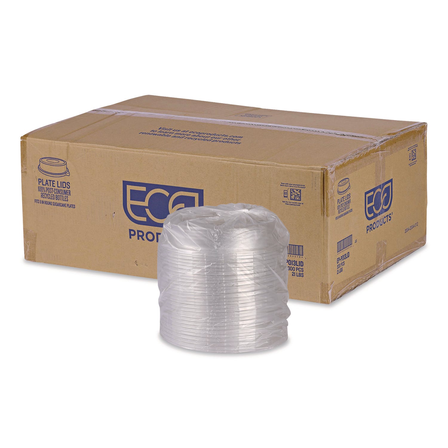 Eco-Products® 100% Recycled Content Round Plate Lids, Plastic, 9" dia x 1.5" h, Clear, 300/Carton