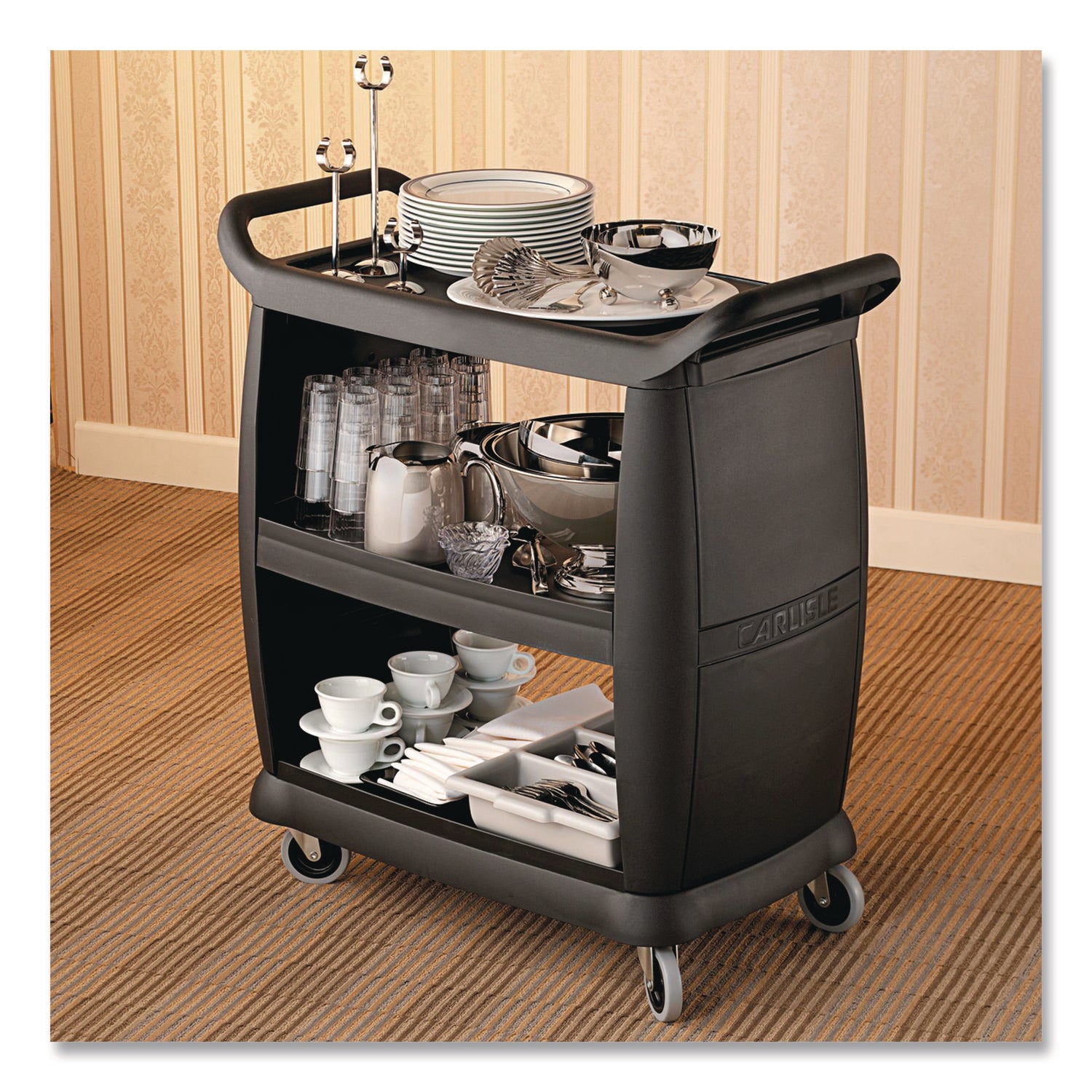 Boardwalk® Bussing Cart, Plastic, 3 Shelves, 300 lb Capacity, 18 x 36.25 x 38, Black
