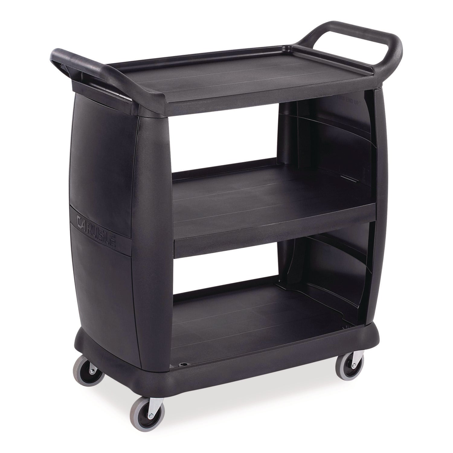 Boardwalk® Bussing Cart, Plastic, 3 Shelves, 300 lb Capacity, 18 x 36.25 x 38, Black