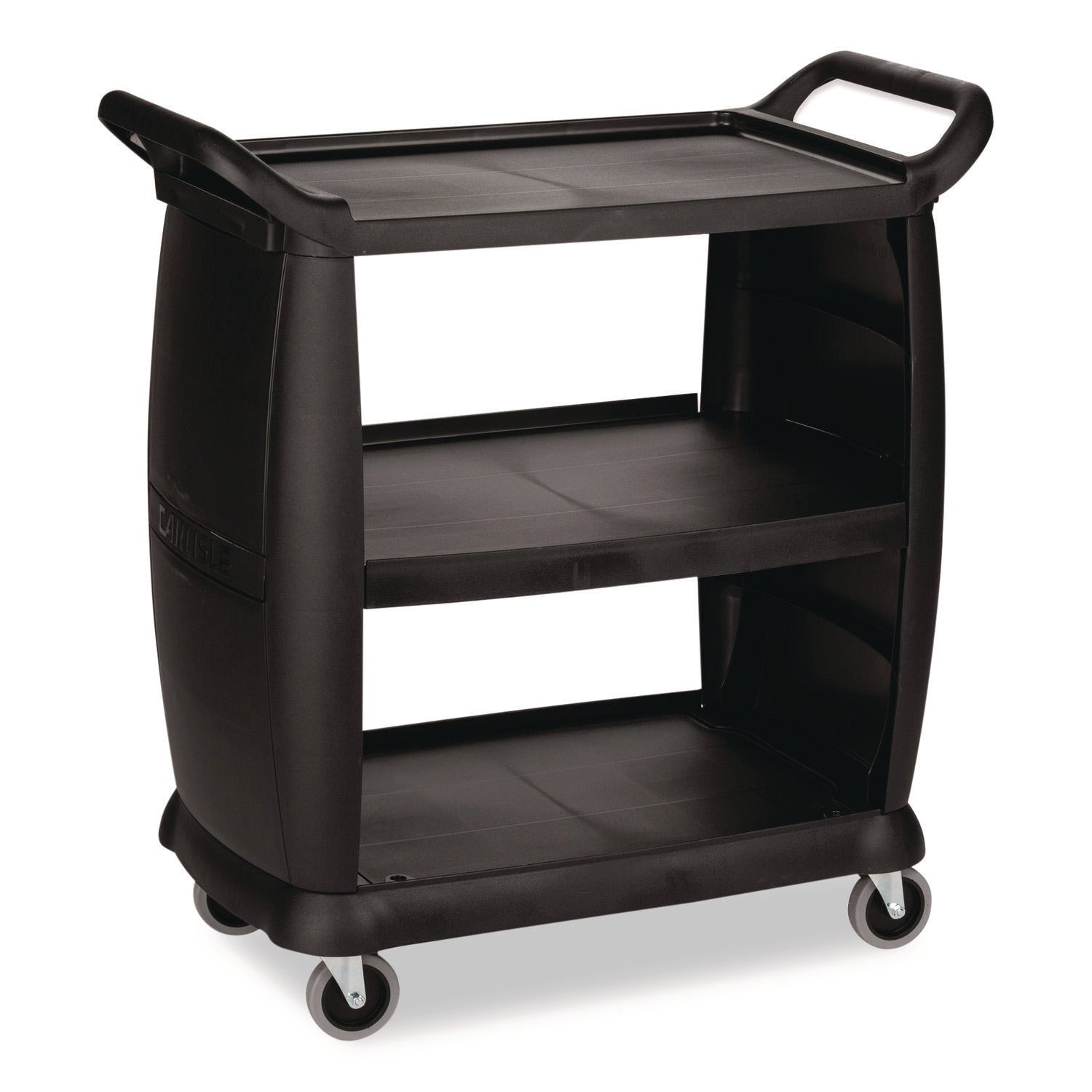 Boardwalk® Bussing Cart, Plastic, 3 Shelves, 300 lb Capacity, 18 x 36.25 x 38, Black