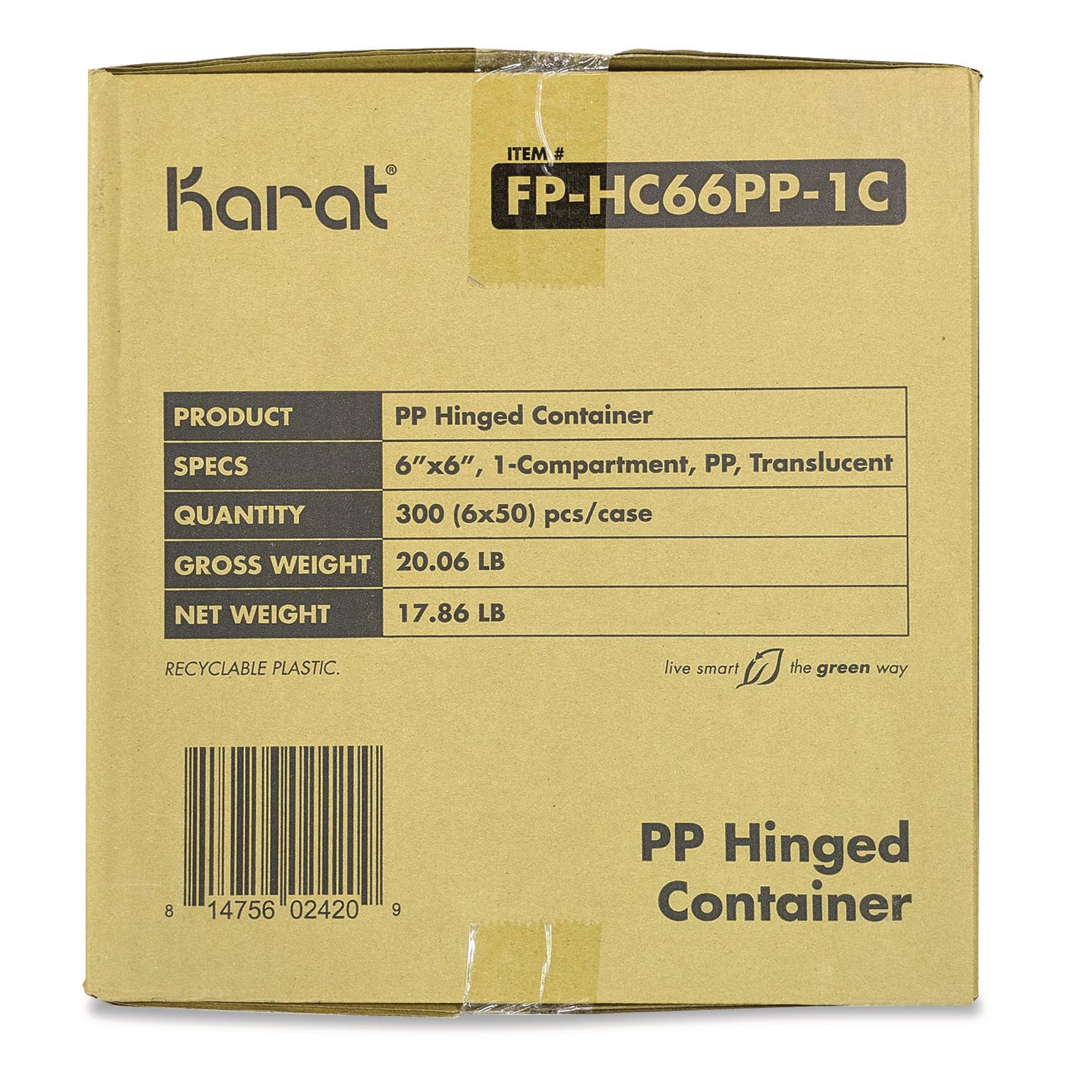 Karat® Polypropylene Plastic Hinged Container, 6 x 6 x 3.3, Clear, Plastic, 50/Pack, 6 Packs/Carton