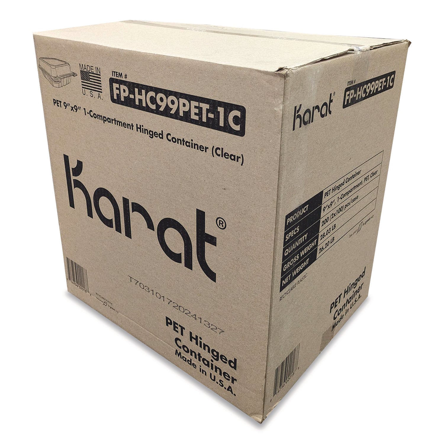 Karat® PET Plastic Hinged Container, 9 x 9 x 3.6, Clear, Plastic, 100/Pack, 2 Packs/Carton