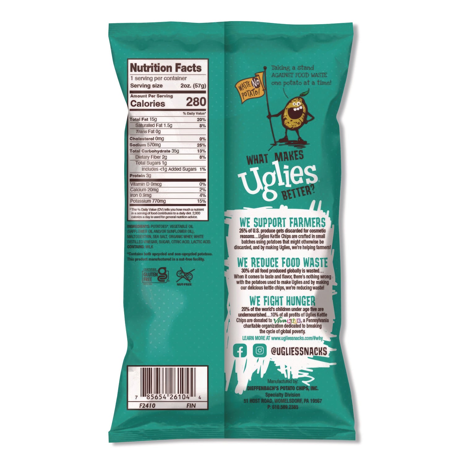 Uglies® Kettle Potato Chips, Salt and Vinegar, 2 oz Bags, 24/Carton