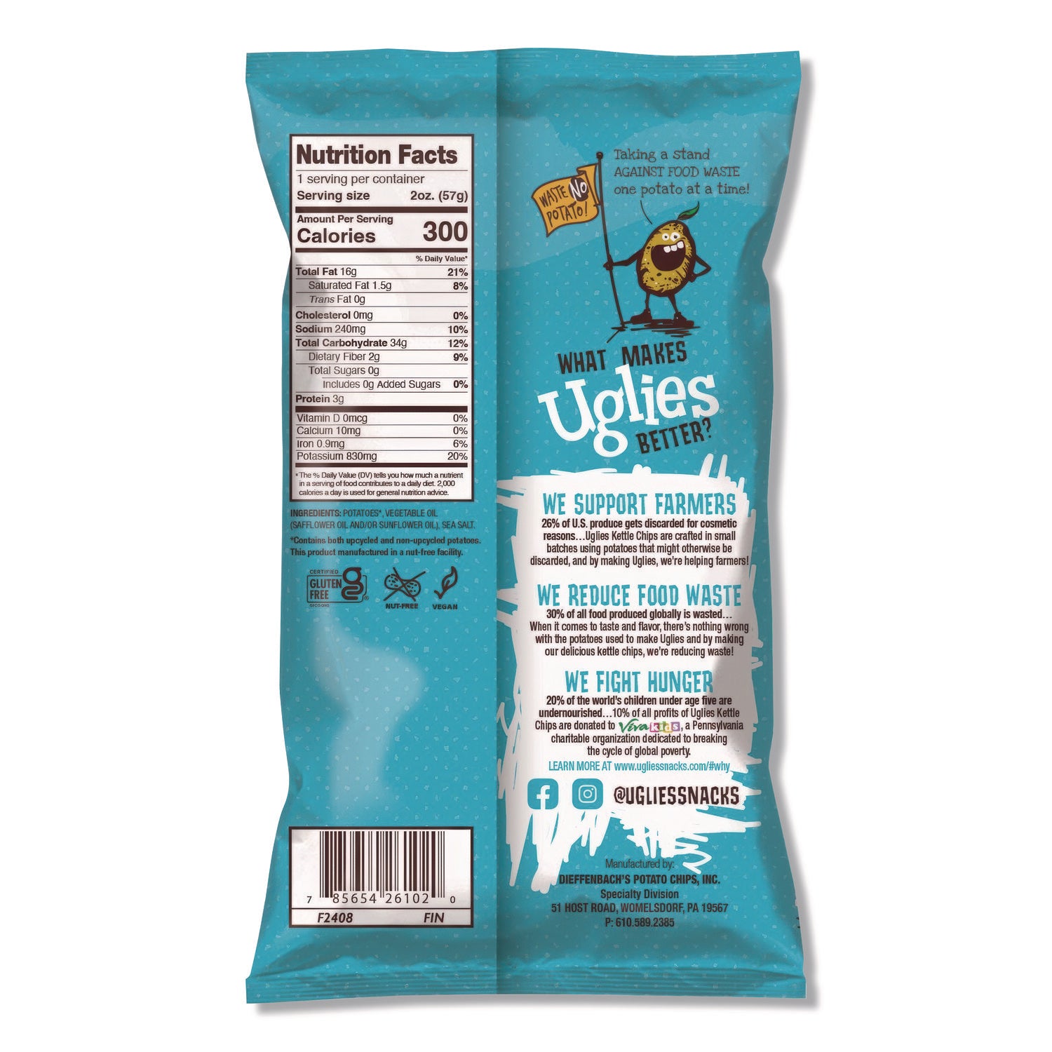 Uglies® Kettle Potato Chips, Sea Salt, 2 oz Bags, 24/Carton