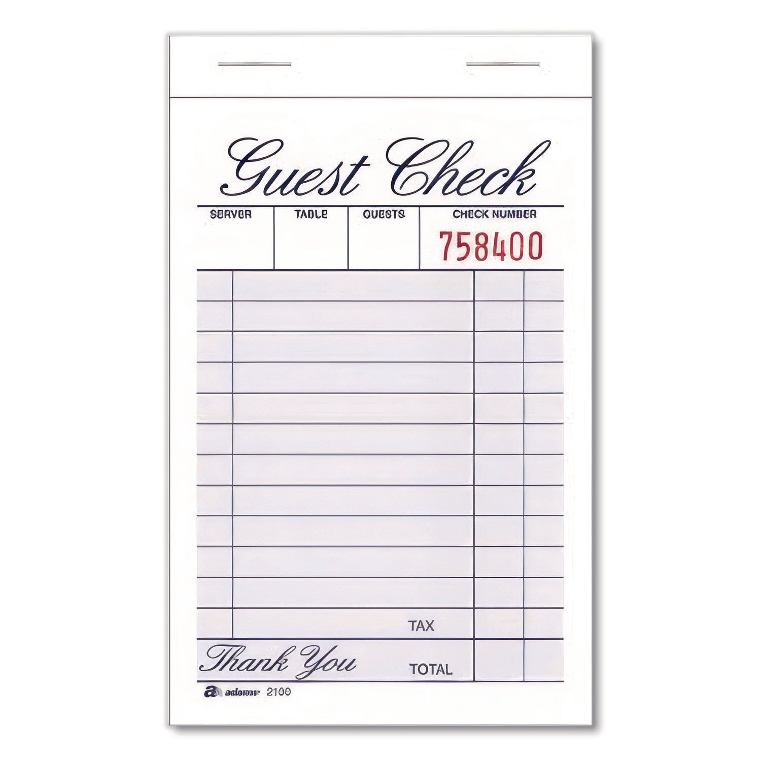 Adams® One-Part Guest Check Pad, One-Part (No Copies), 3.35 x 4.94, 100 Forms/Pad, 12 Pads/Pack