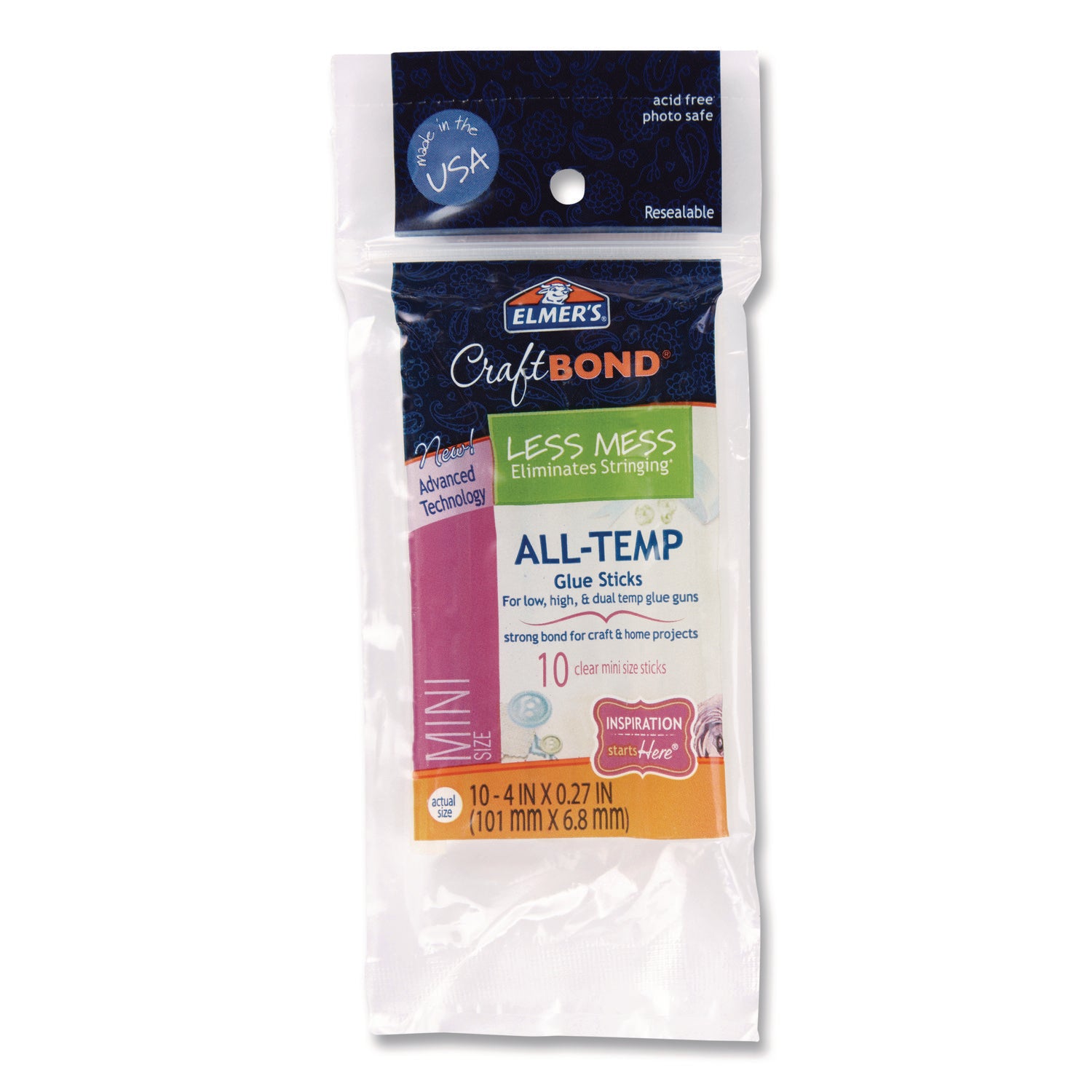 Elmer's® Craftbond Less Mess All-Temp Glue Sticks, Mini, 0.27 x 4, Dries Clear, 10/Pack