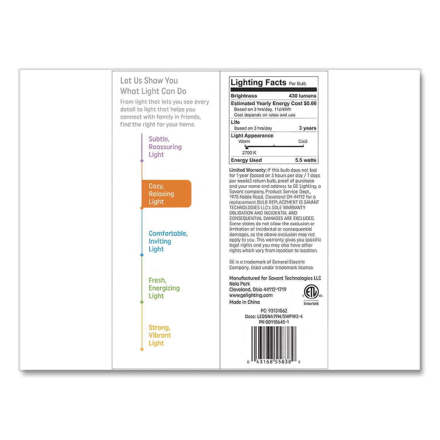 GE Classic LED SW Non-Dim A19 Light Bulb, 5.5 W, Soft White, 4/Pack