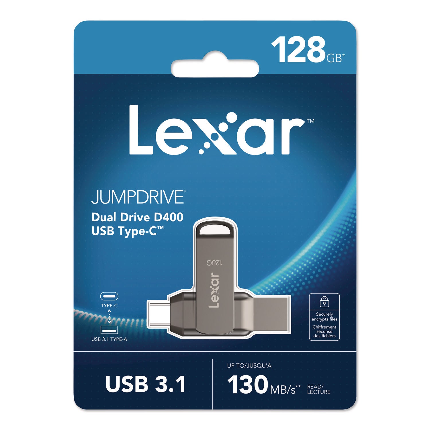 Lexar™ JumpDrive D400 USB 3.1 Flash Drive, 128 GB, Titanium
