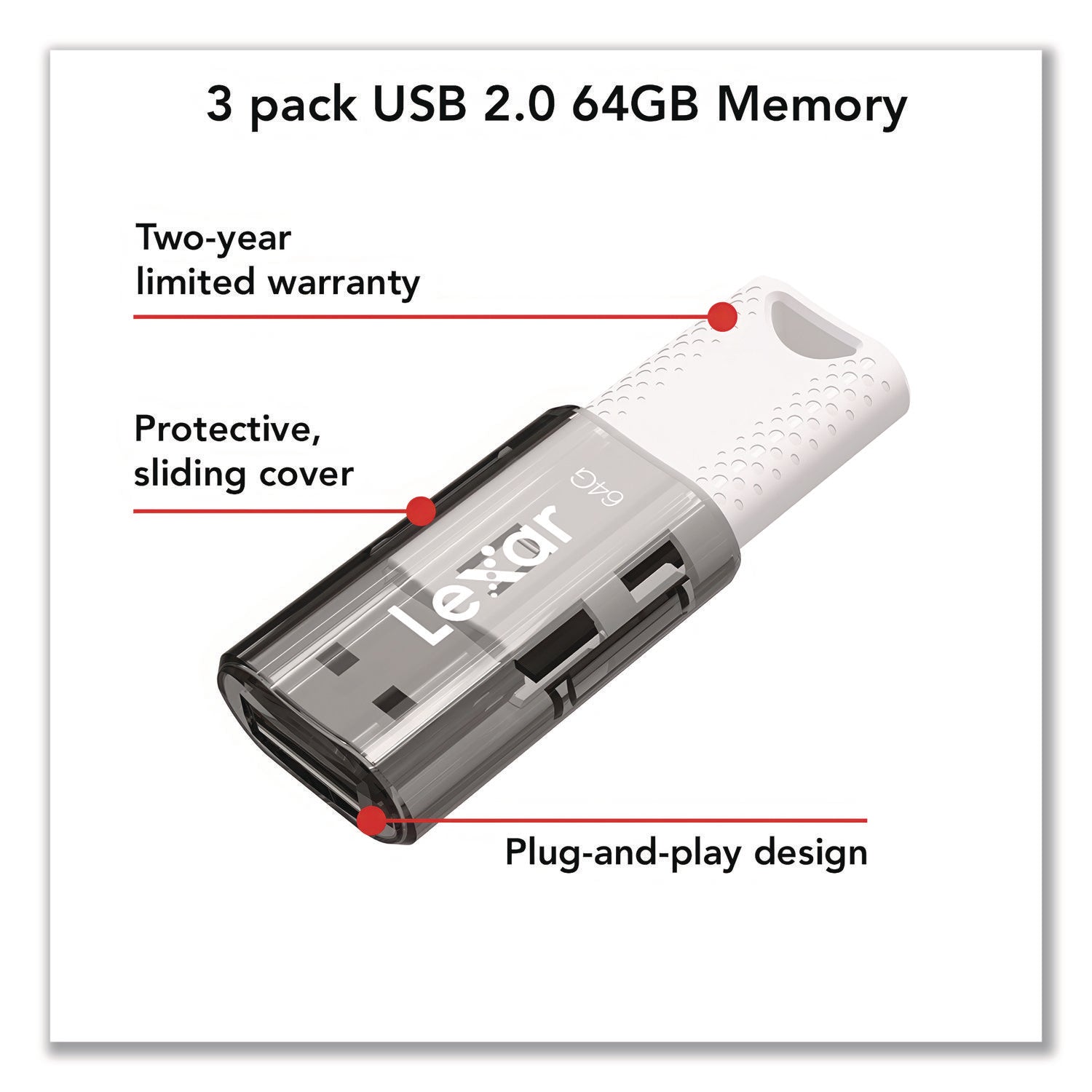 Lexar™ JumpDrive S60 USB 2.0 Flash Drive, 64 GB, Gray/White, 3/Pack