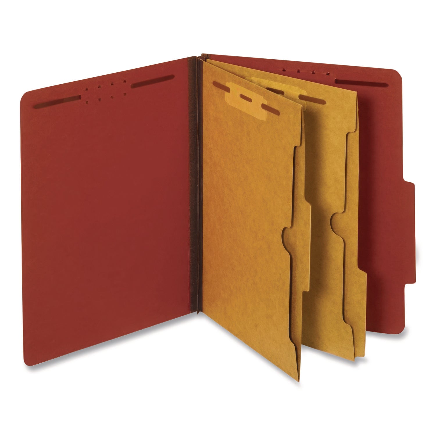 Pendaflex® Pressboard Classification Folders, 2.5" Expansion, 2 Full-Pocket Dividers, 6 Fasteners, Letter Size, Red Exterior, 10/Box